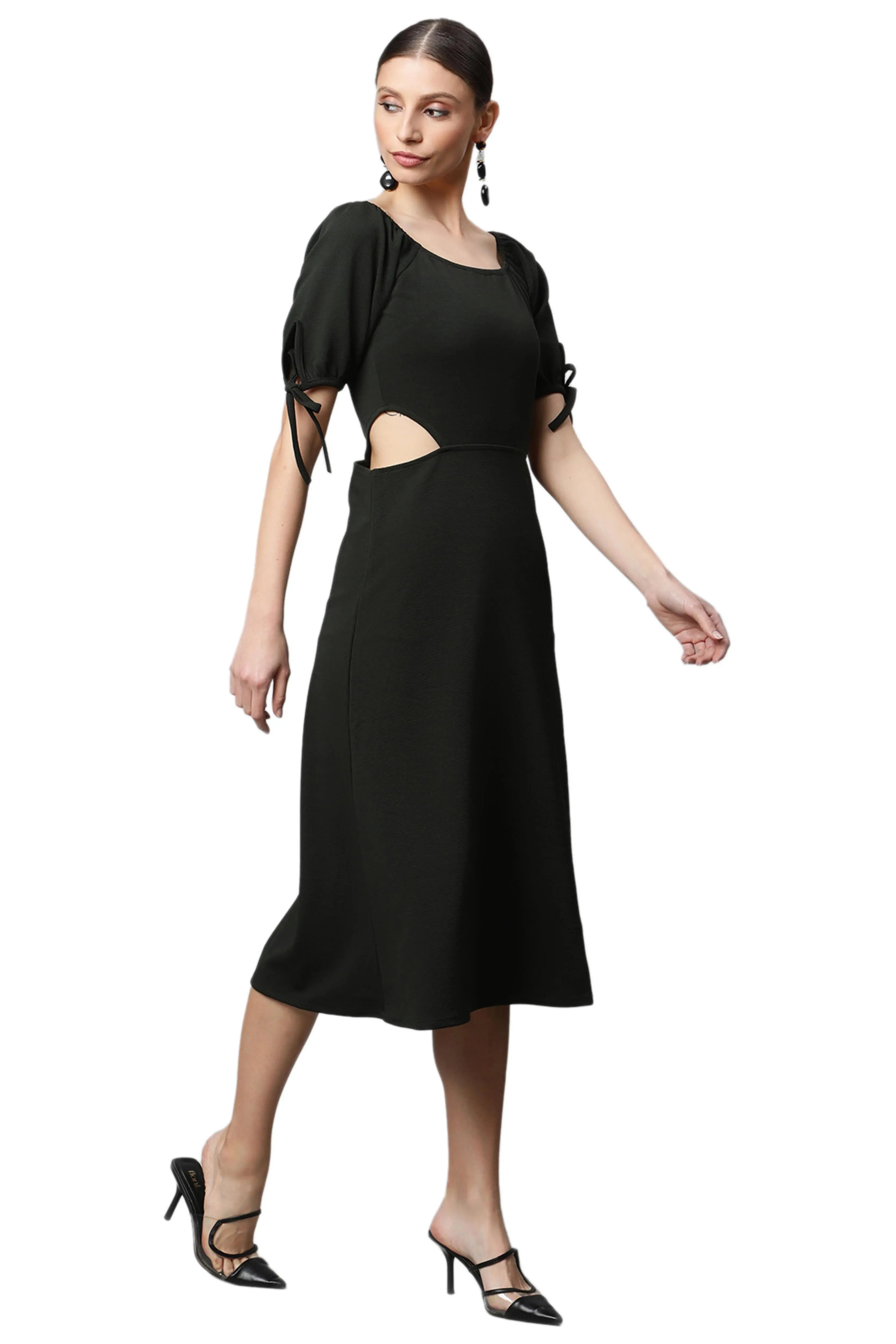 women forest green waist cut bodycon dress