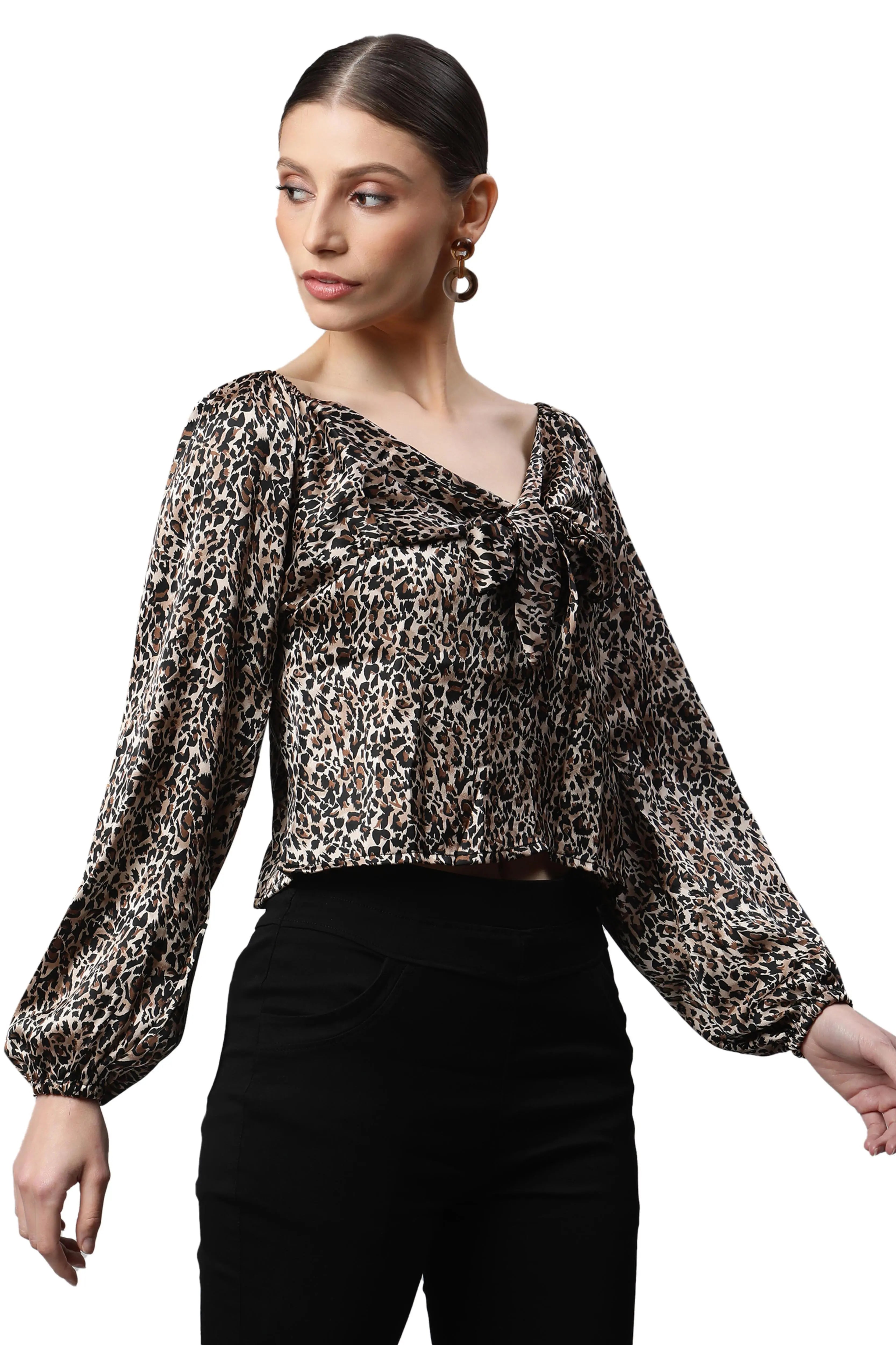 Brown Leopard Printed Blouson Top - Global Republic