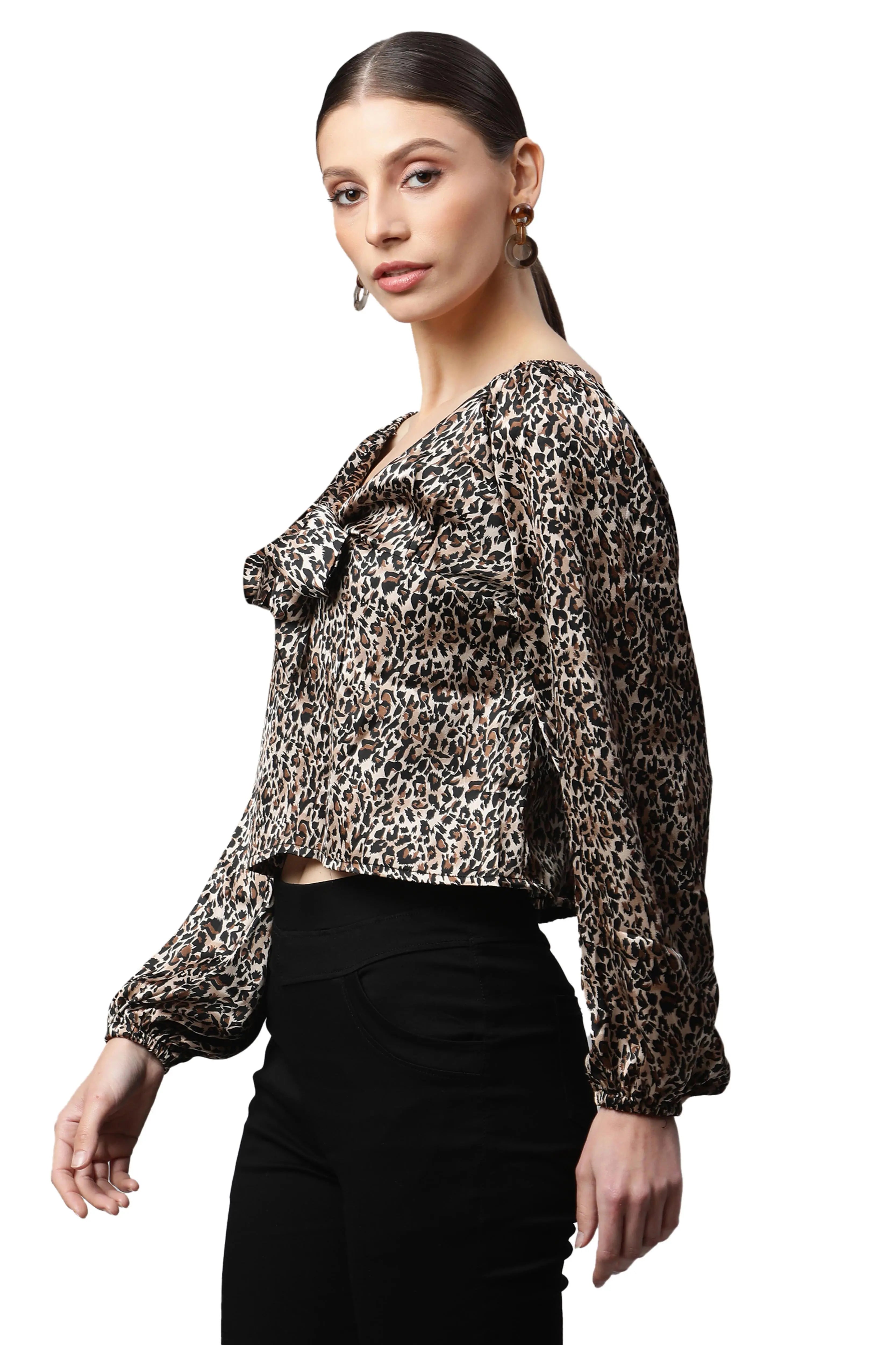 Brown Leopard Printed Blouson Top - Global Republic