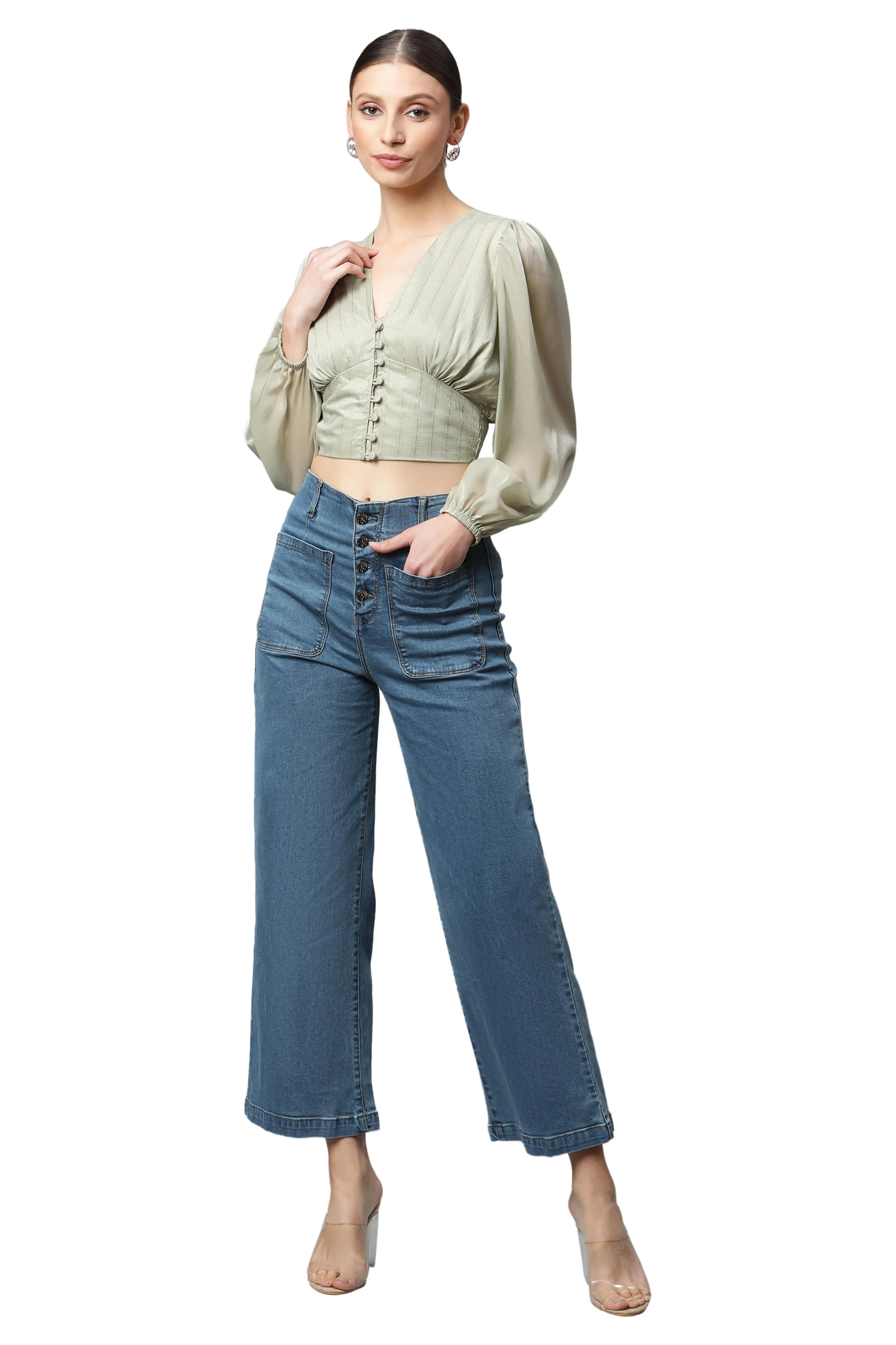 Green Cropped Blouson Top - Global Republic