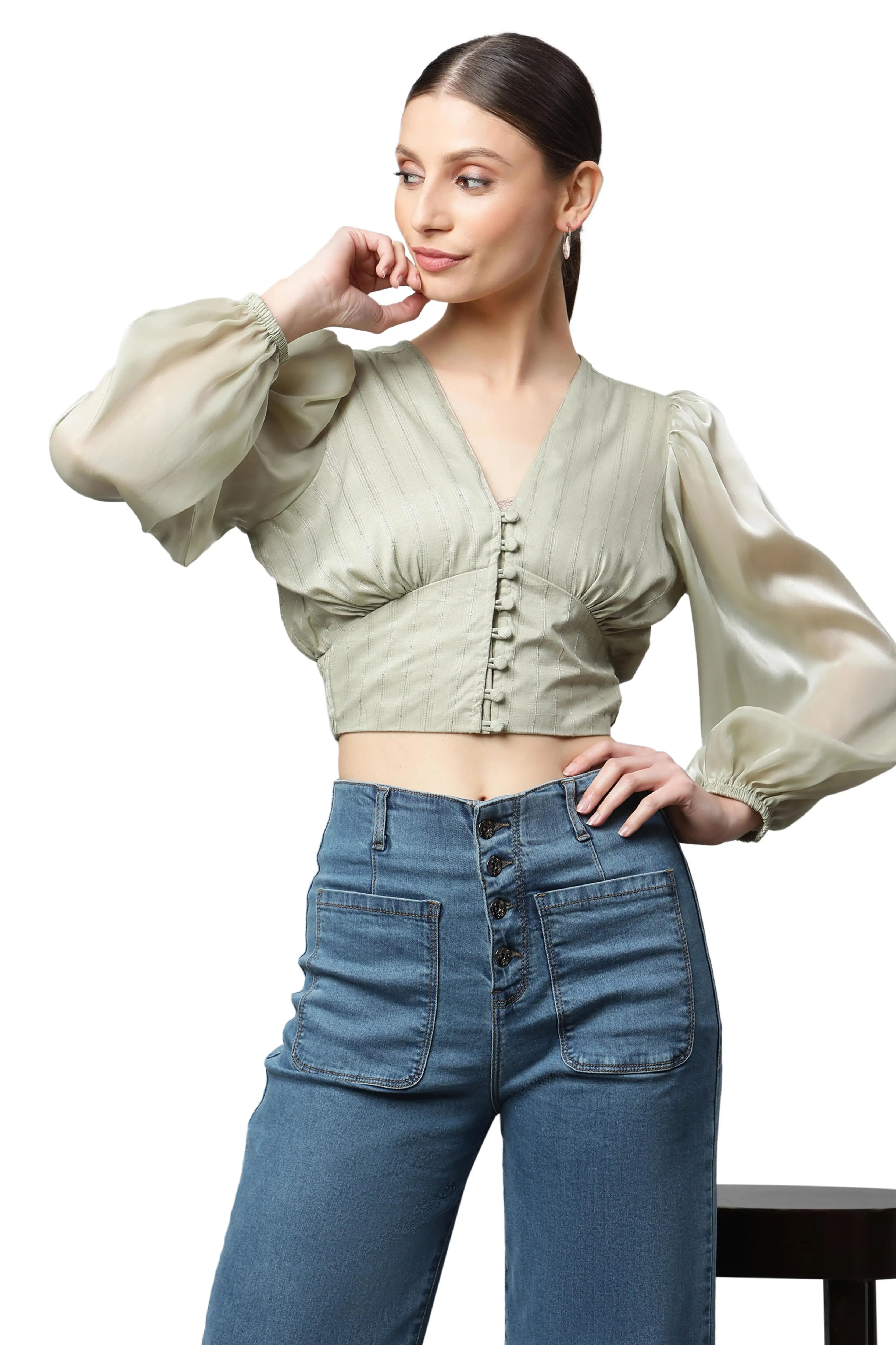 Green Cropped Blouson Top - Global Republic