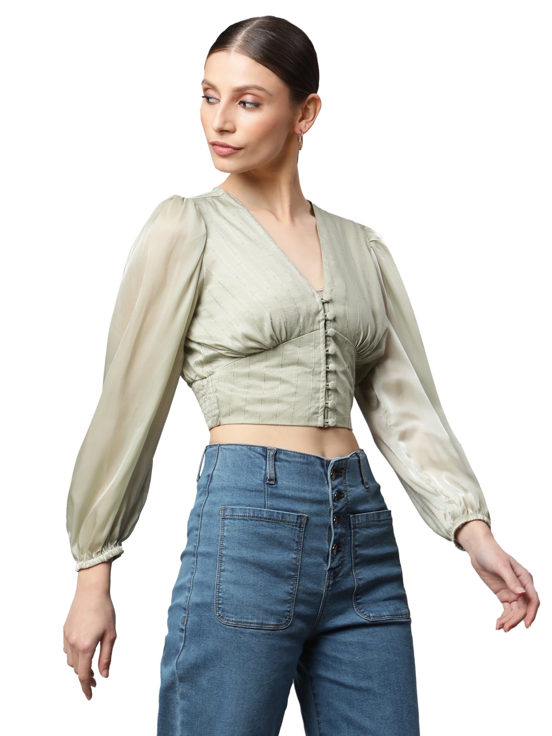 Green Cropped Blouson Top - Global Republic
