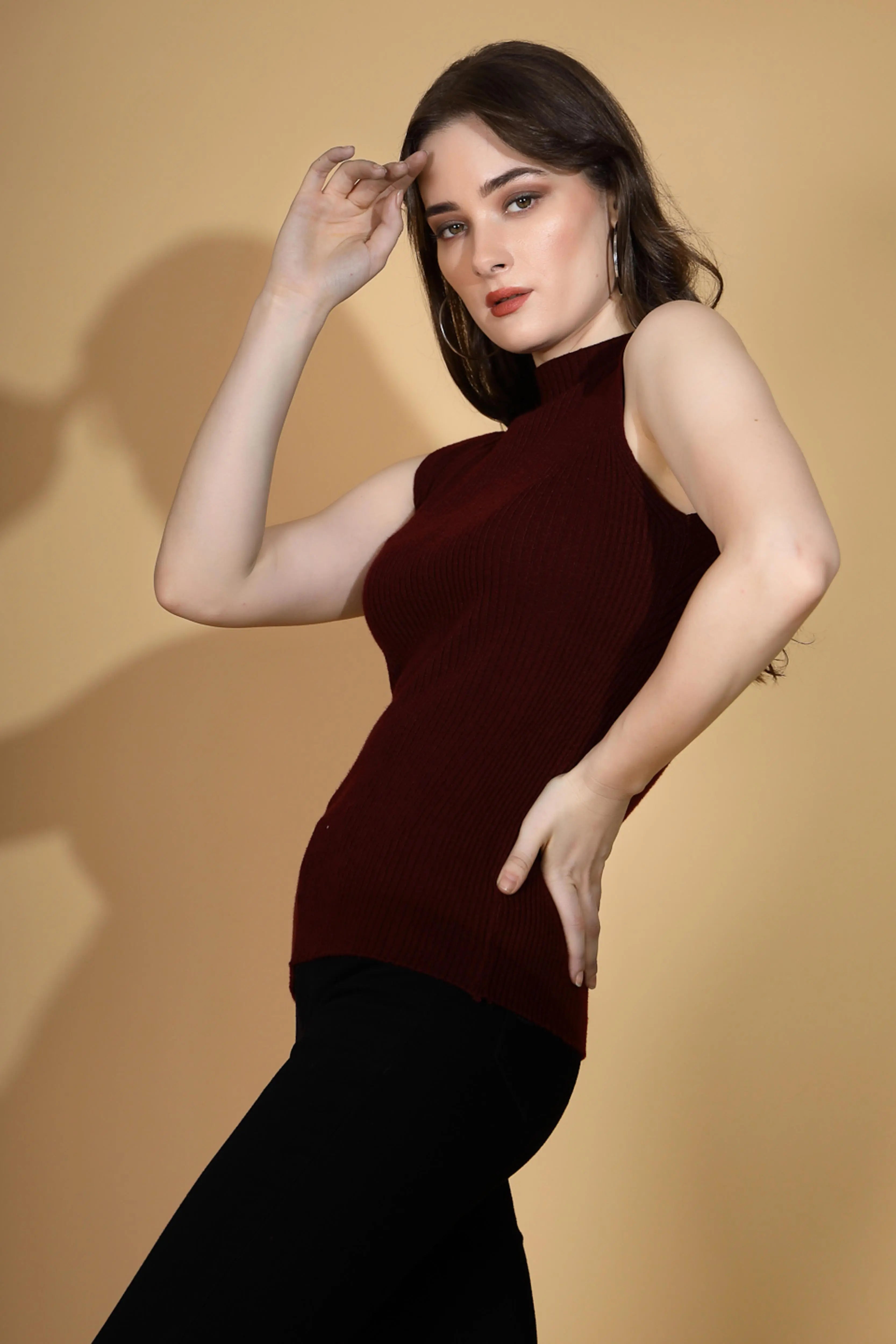 Maroon Stretchable Knit Skivvy Top - Global Republic