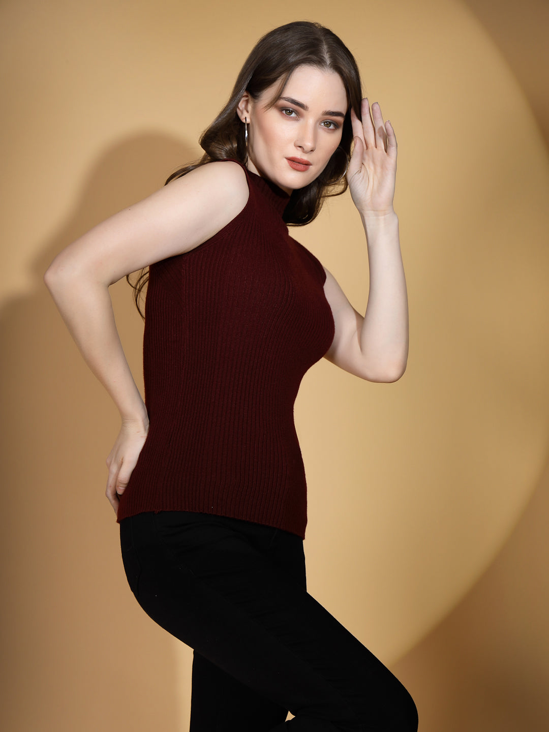 Maroon Stretchable Knit Skivvy Top - Global Republic