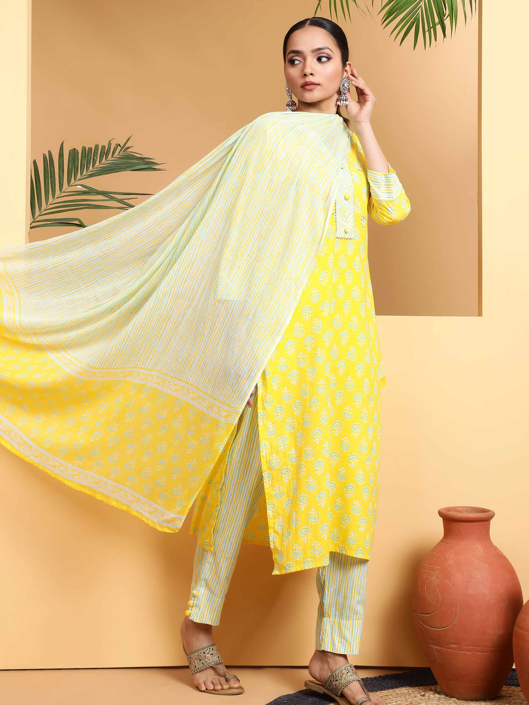 Women Yellow V-Neck Printed Kurta Suit Set - Global Republic