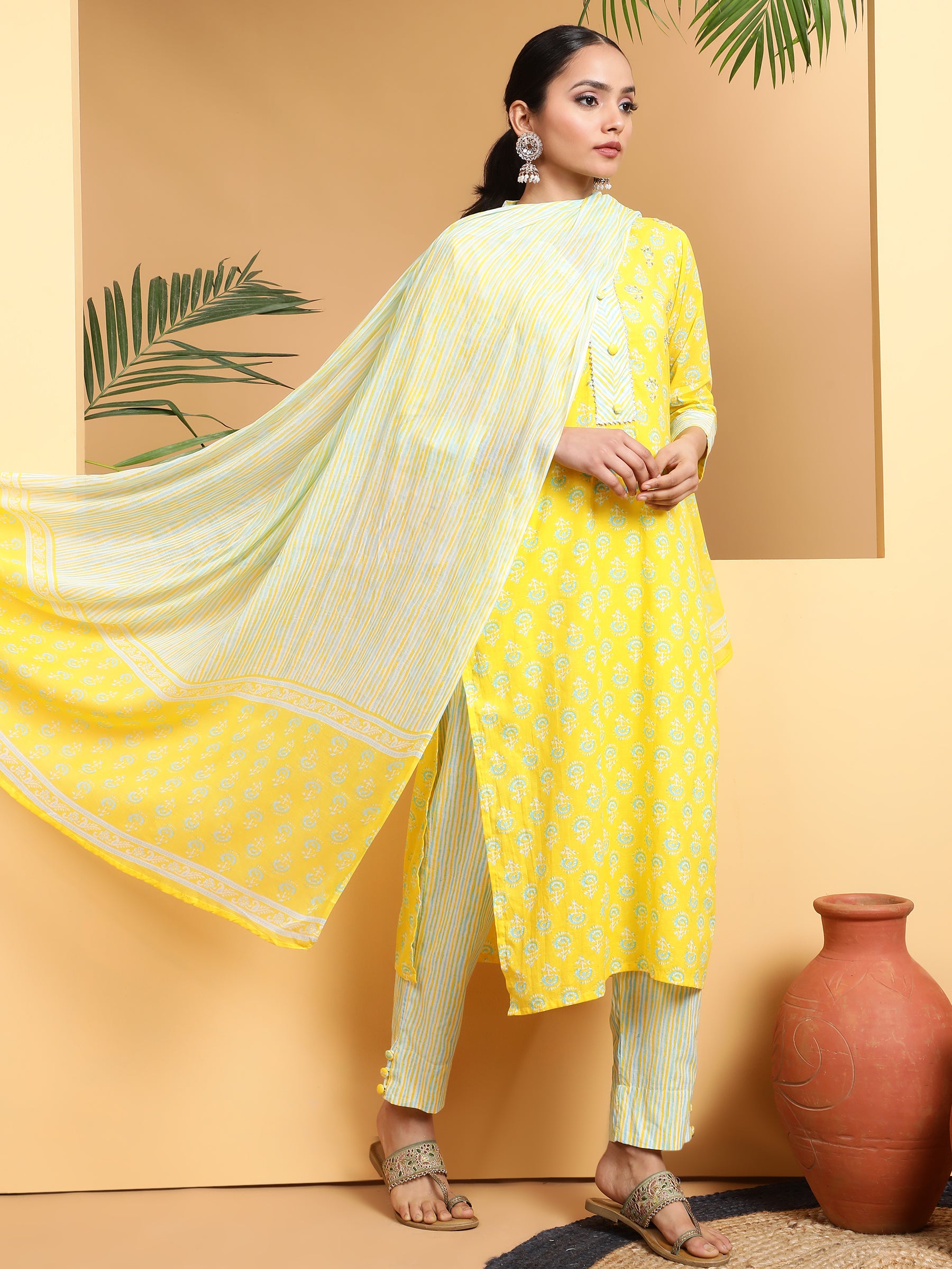 Women Yellow V-Neck Printed Kurta Suit Set - Global Republic