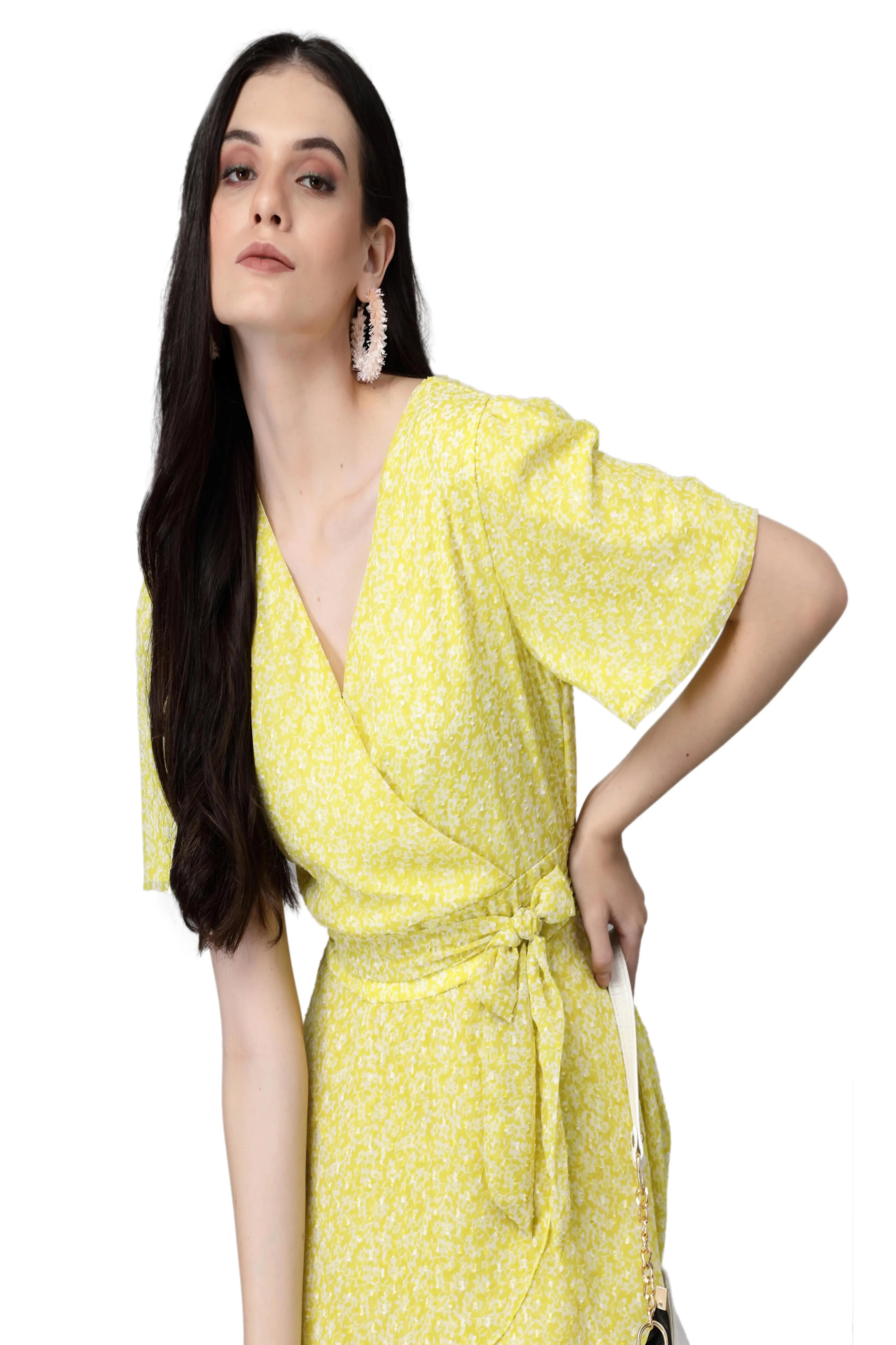 Lemon V Neck Printed Wrap Dress - Global Republic