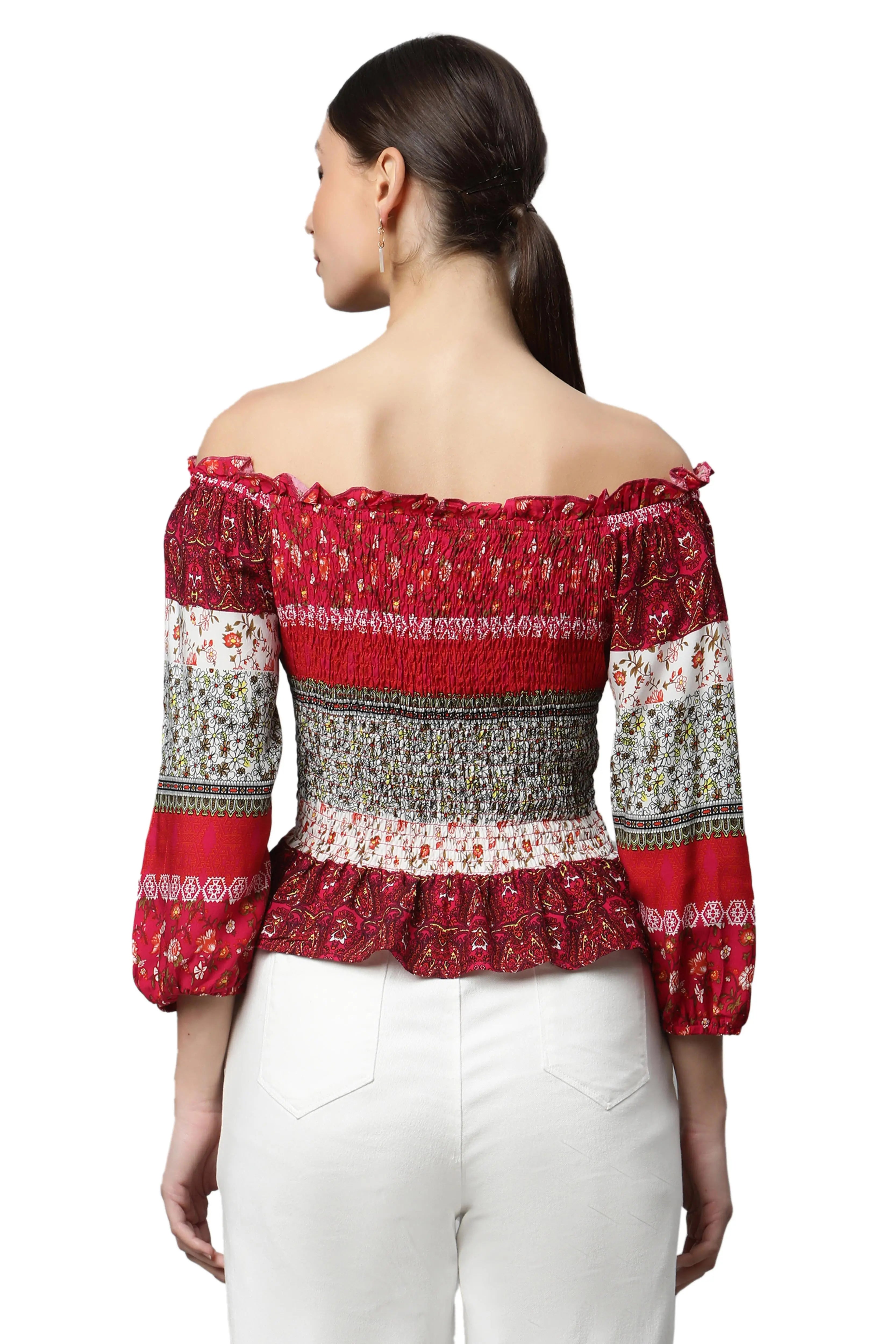 Red Smocked Off-Shoulder Top - Global Republic