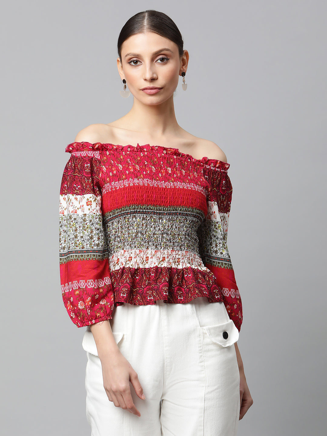 Red Smocked Off-Shoulder Top - Global Republic