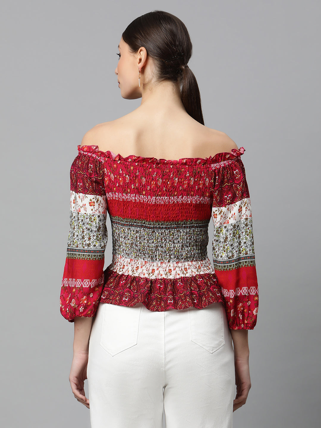 Red Smocked Off-Shoulder Top - Global Republic