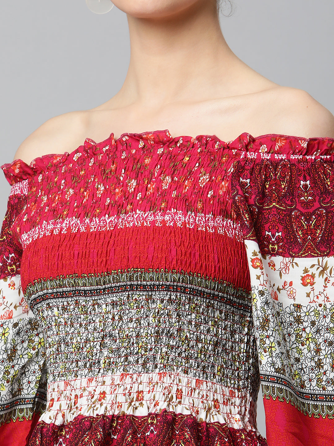 Red Smocked Off-Shoulder Top - Global Republic