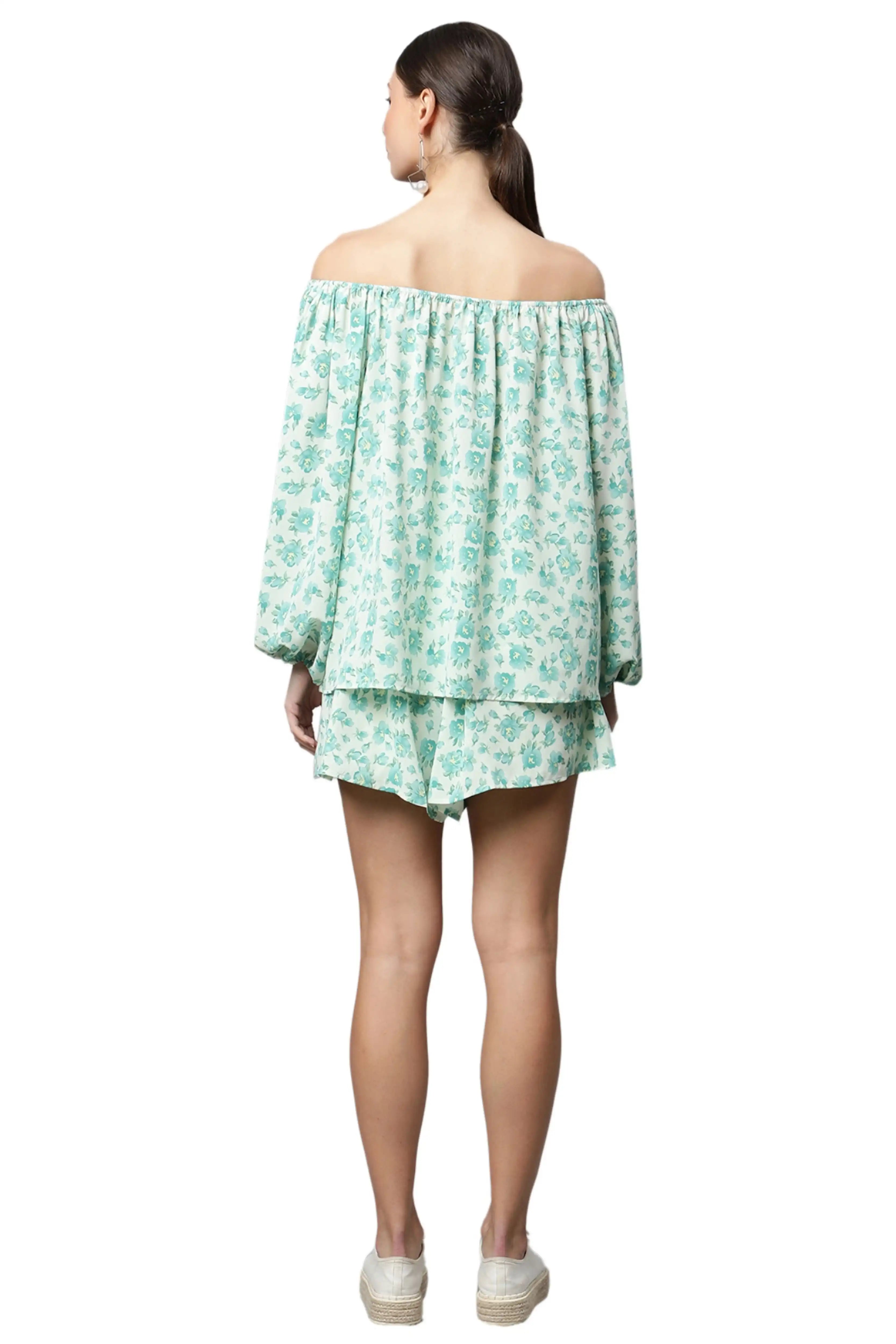 Green Mini-White Floral Short Set