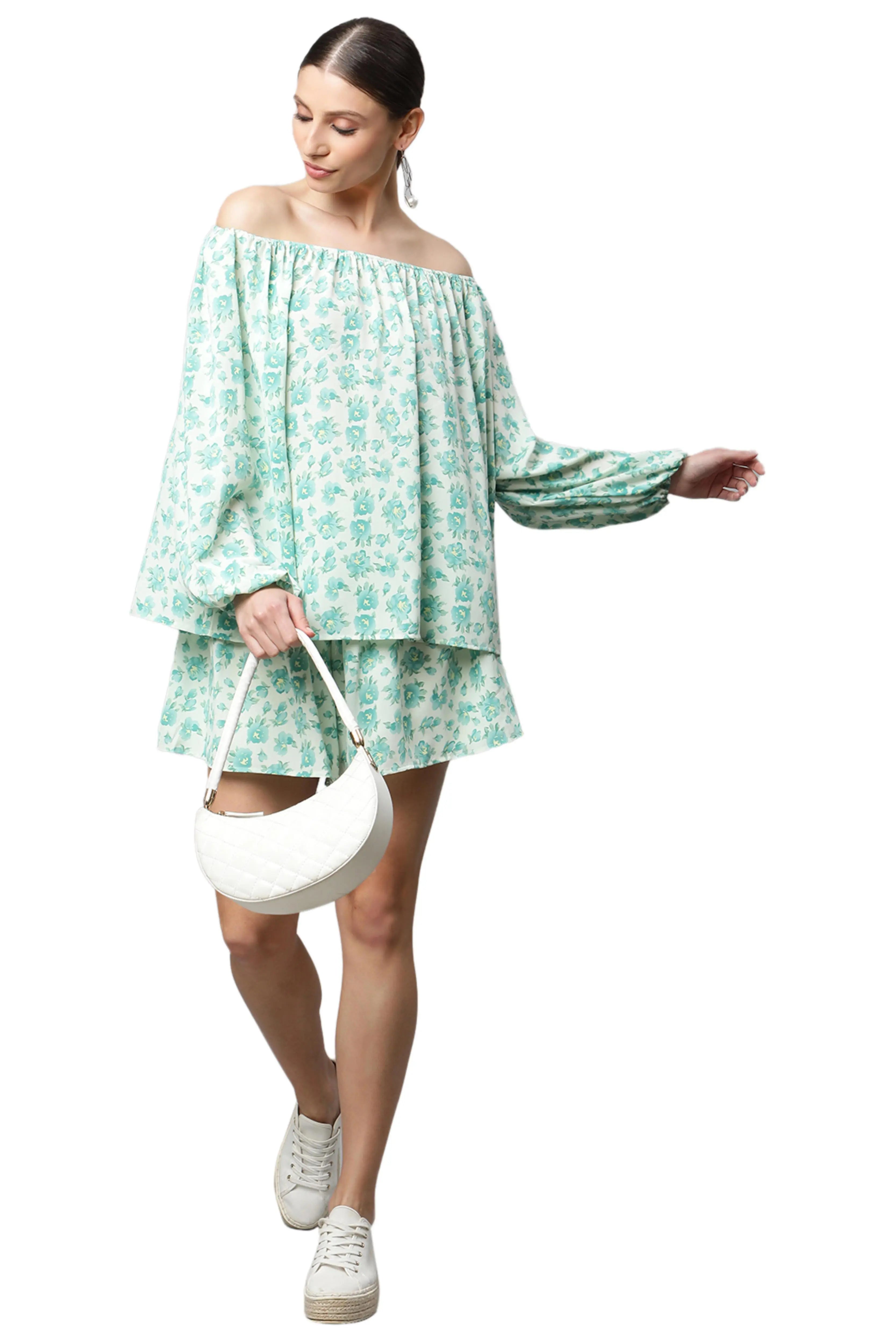 Green Mini-White Floral Short Set