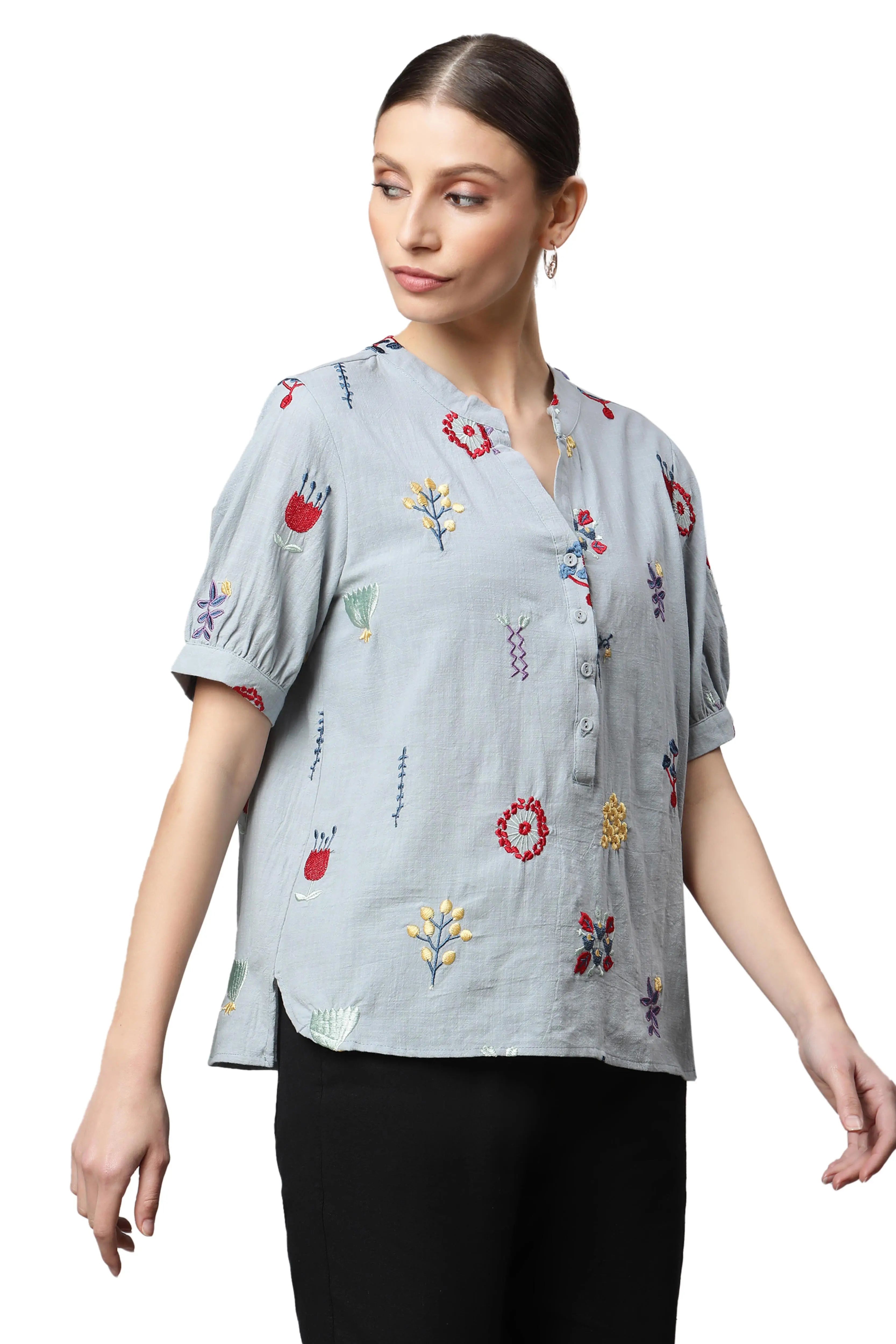 Sky Cotton Regular Fit Blouson Top For Women - Global Republic