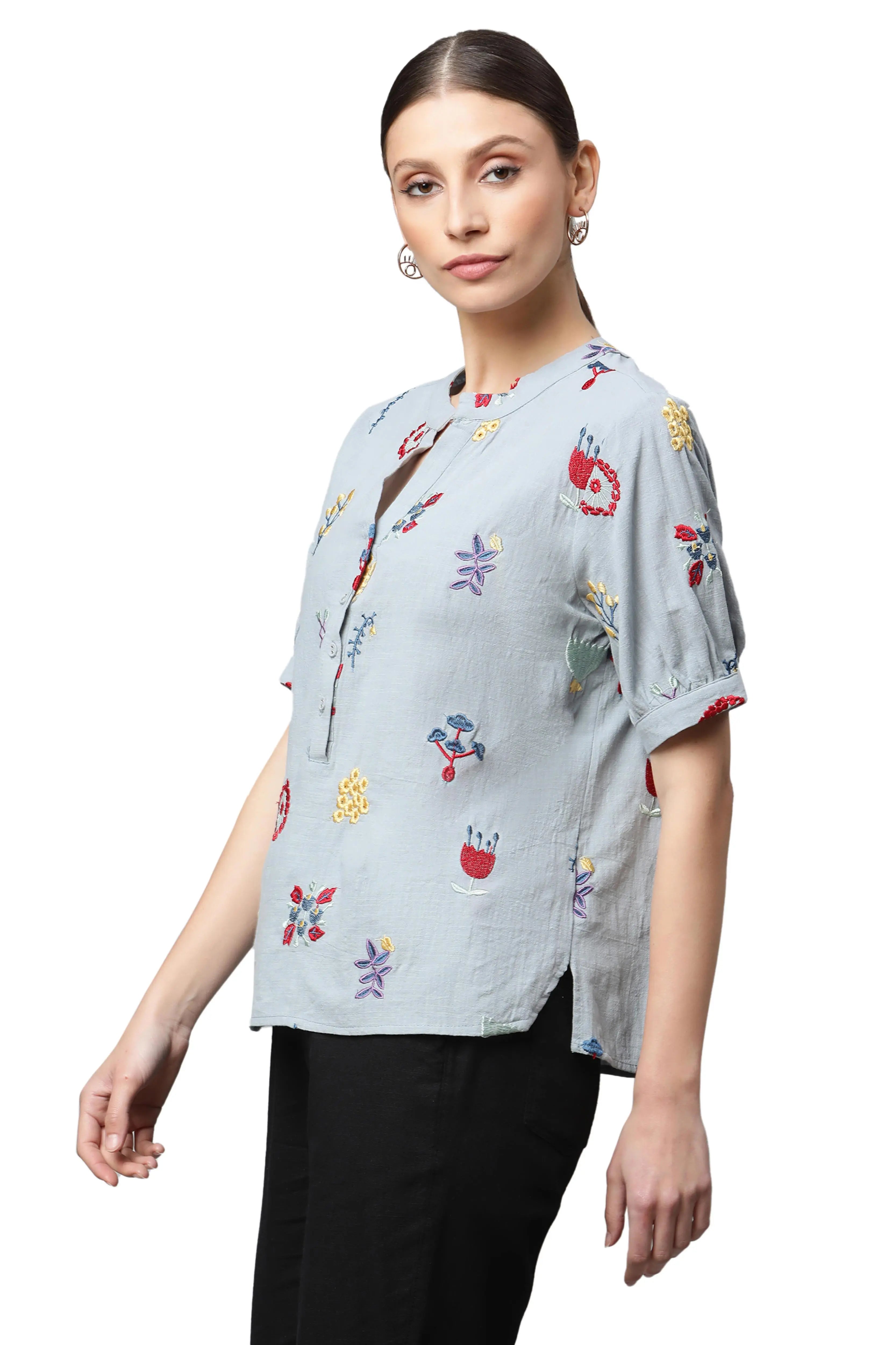 Sky Cotton Regular Fit Blouson Top For Women - Global Republic