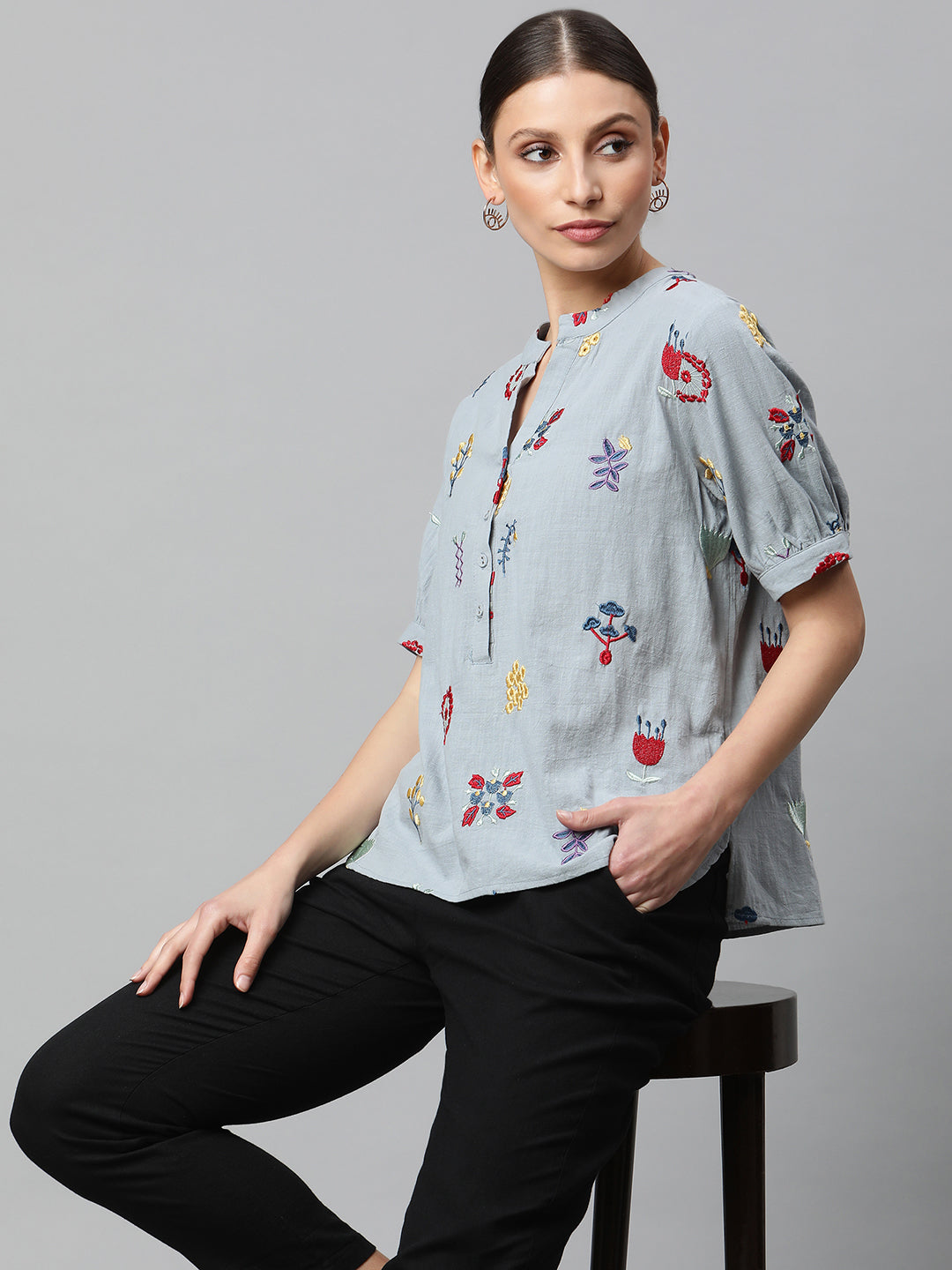 Sky Cotton Regular Fit Blouson Top For Women - Global Republic