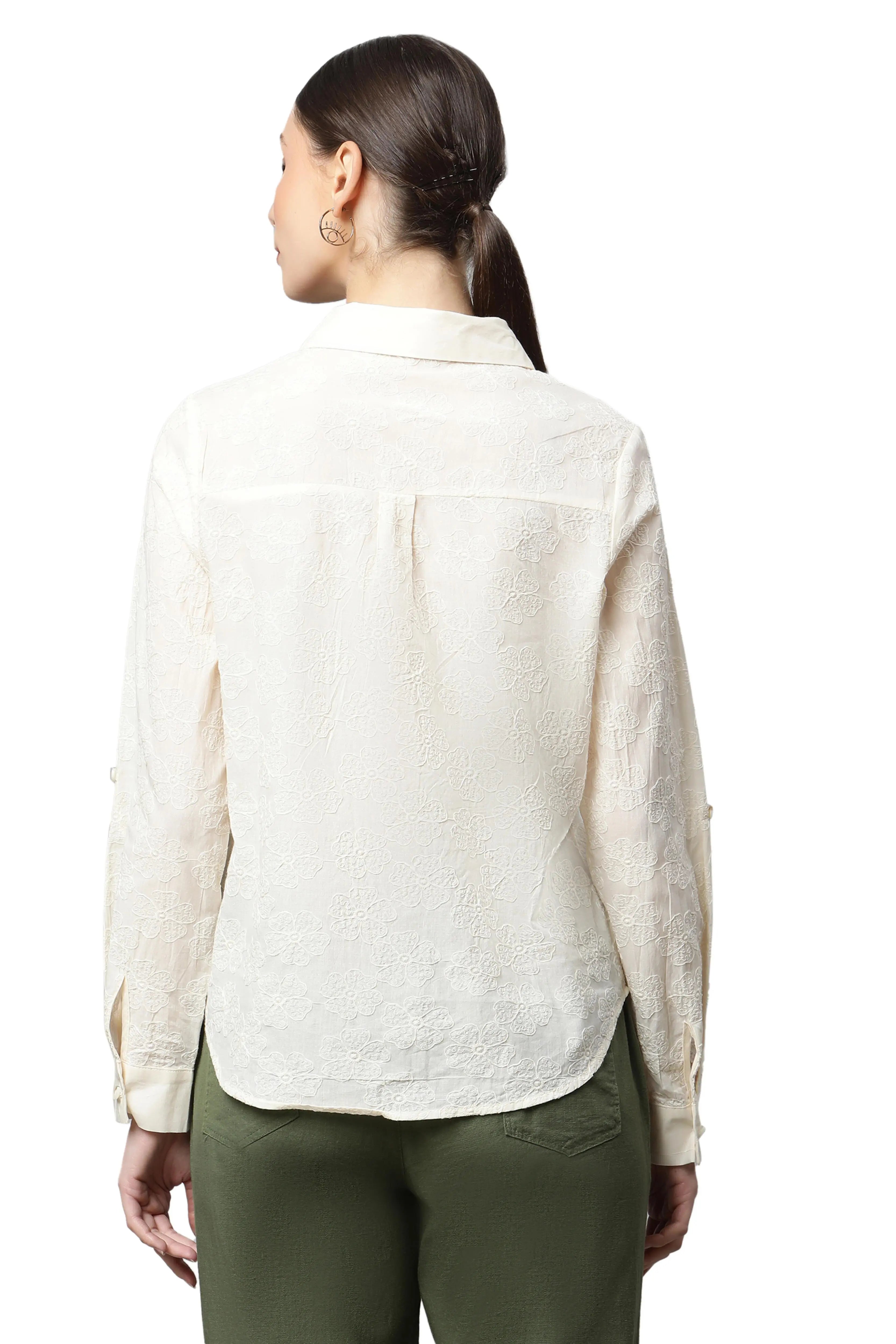 women cream floral thread embroidered shirt