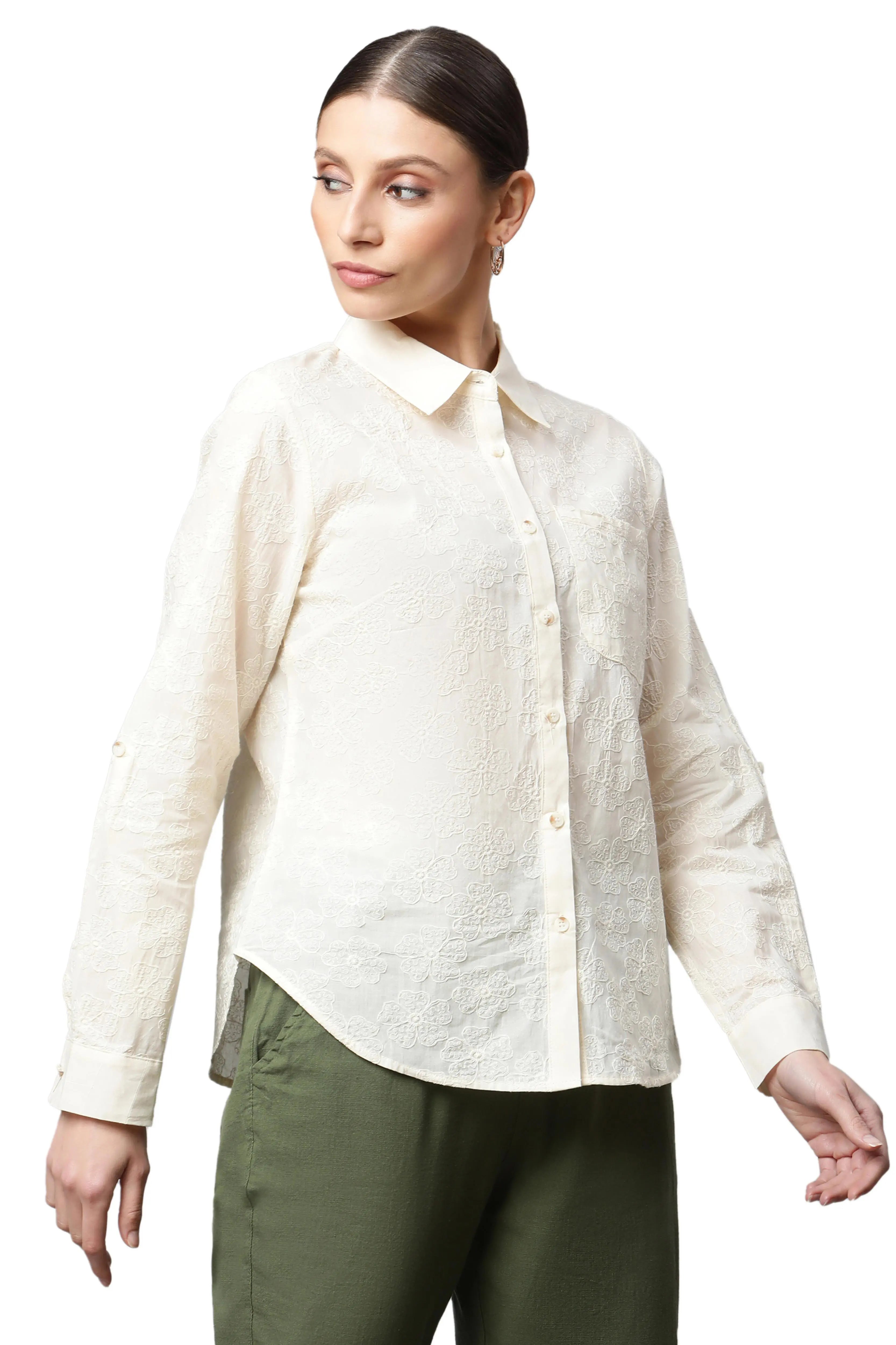 women cream floral thread embroidered shirt