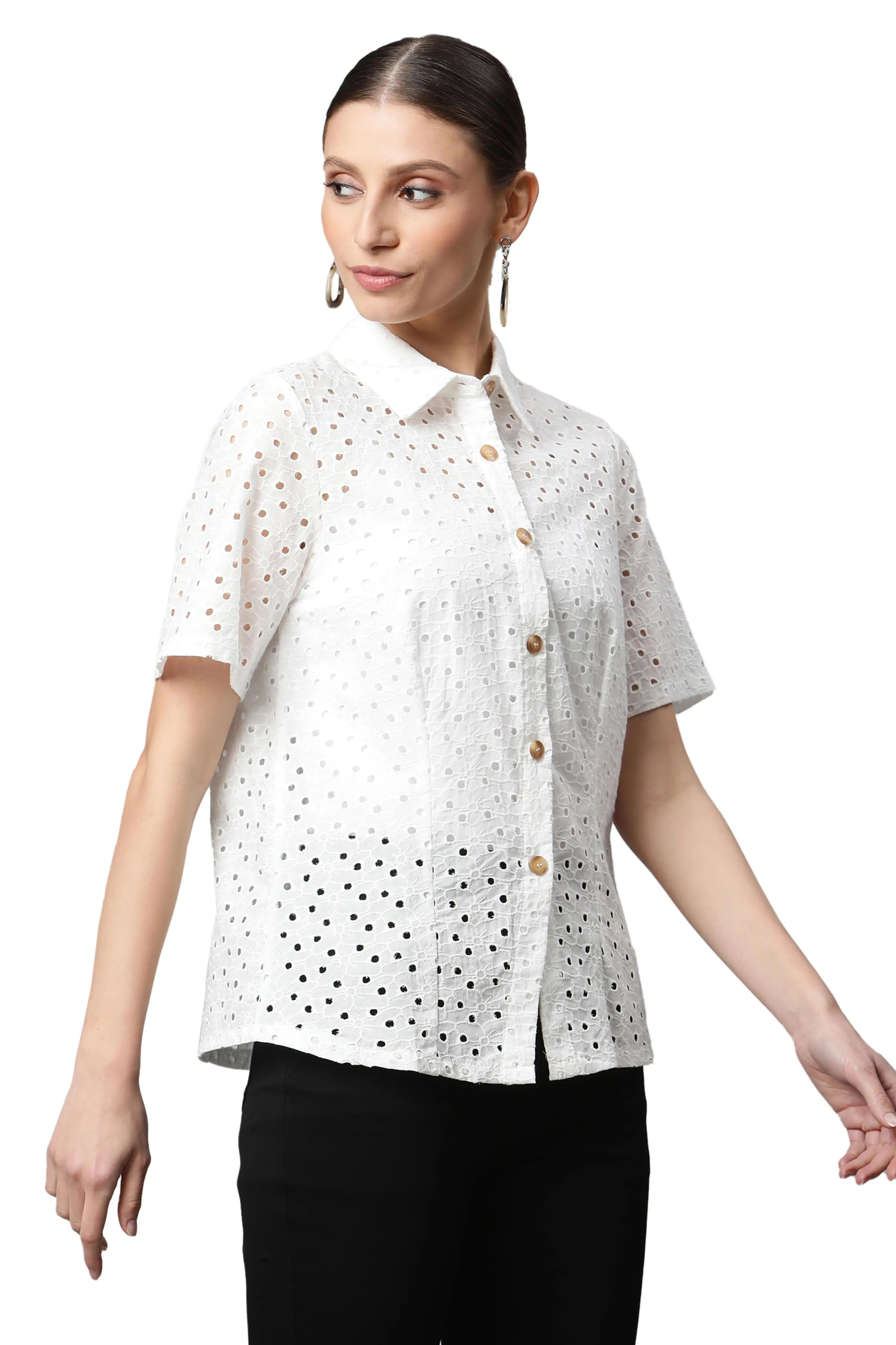 women white circle cut embroidered shirt