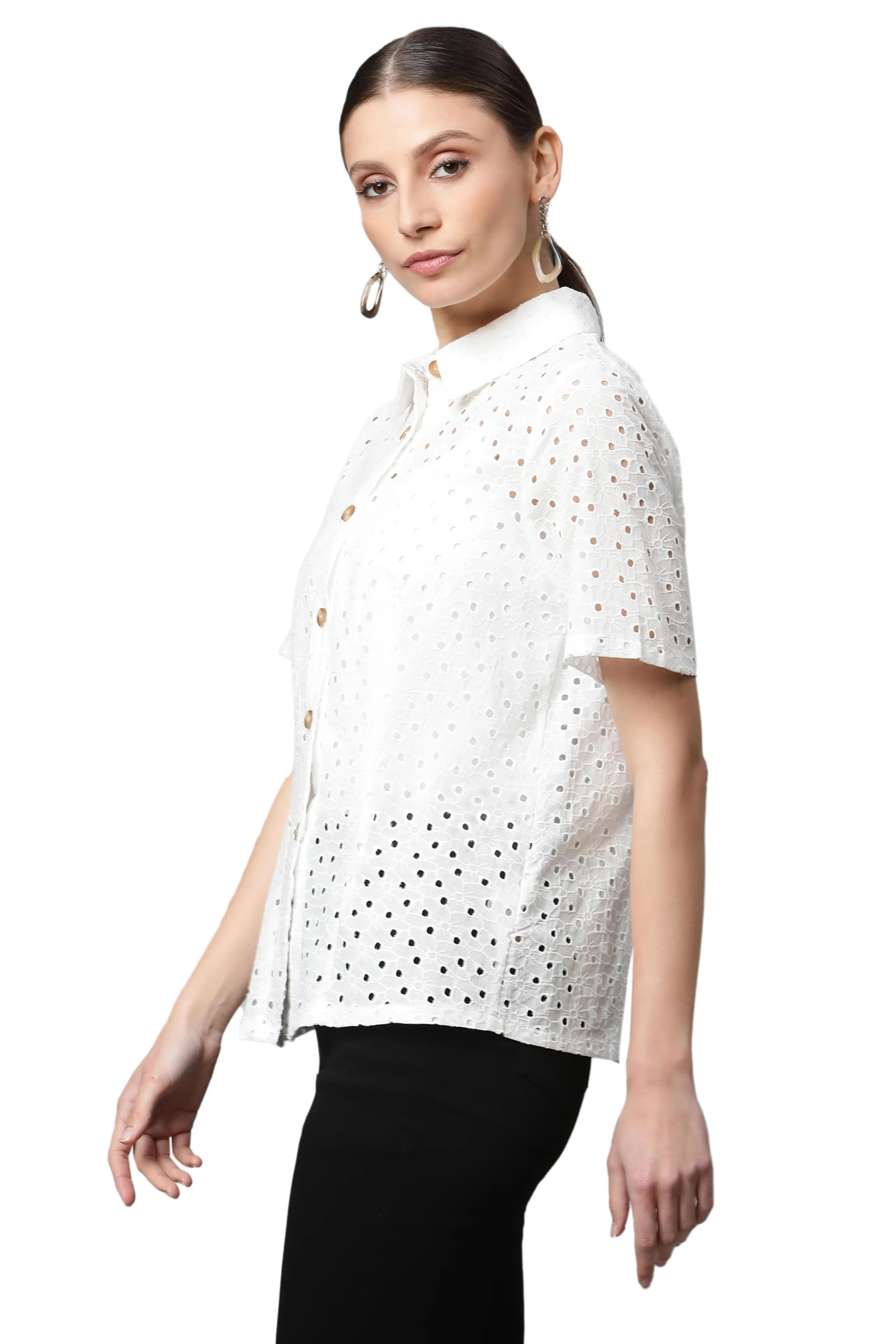 women white circle cut embroidered shirt