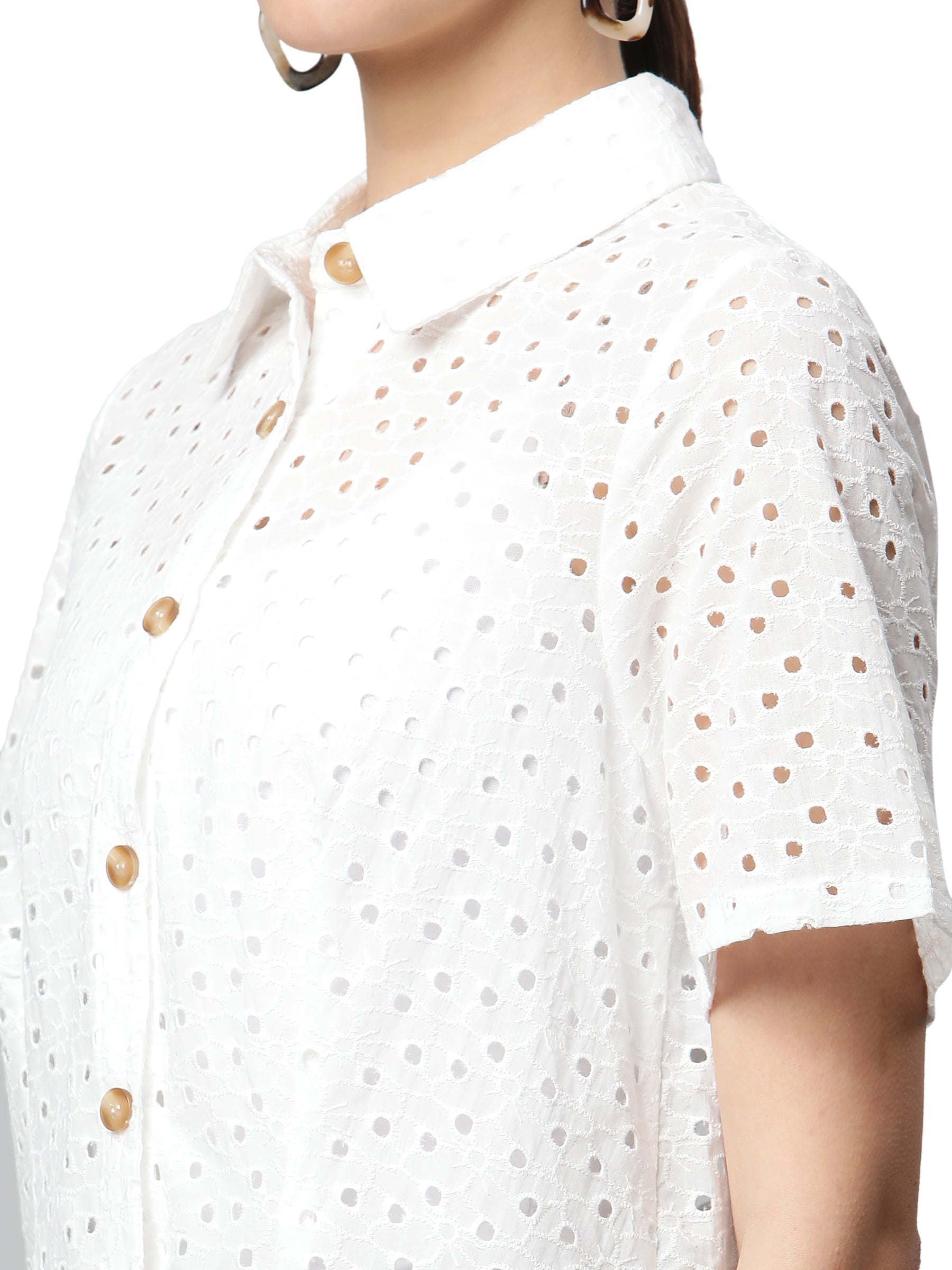 White Schiffli Embroidered Relaxed Shirt - Global Republic