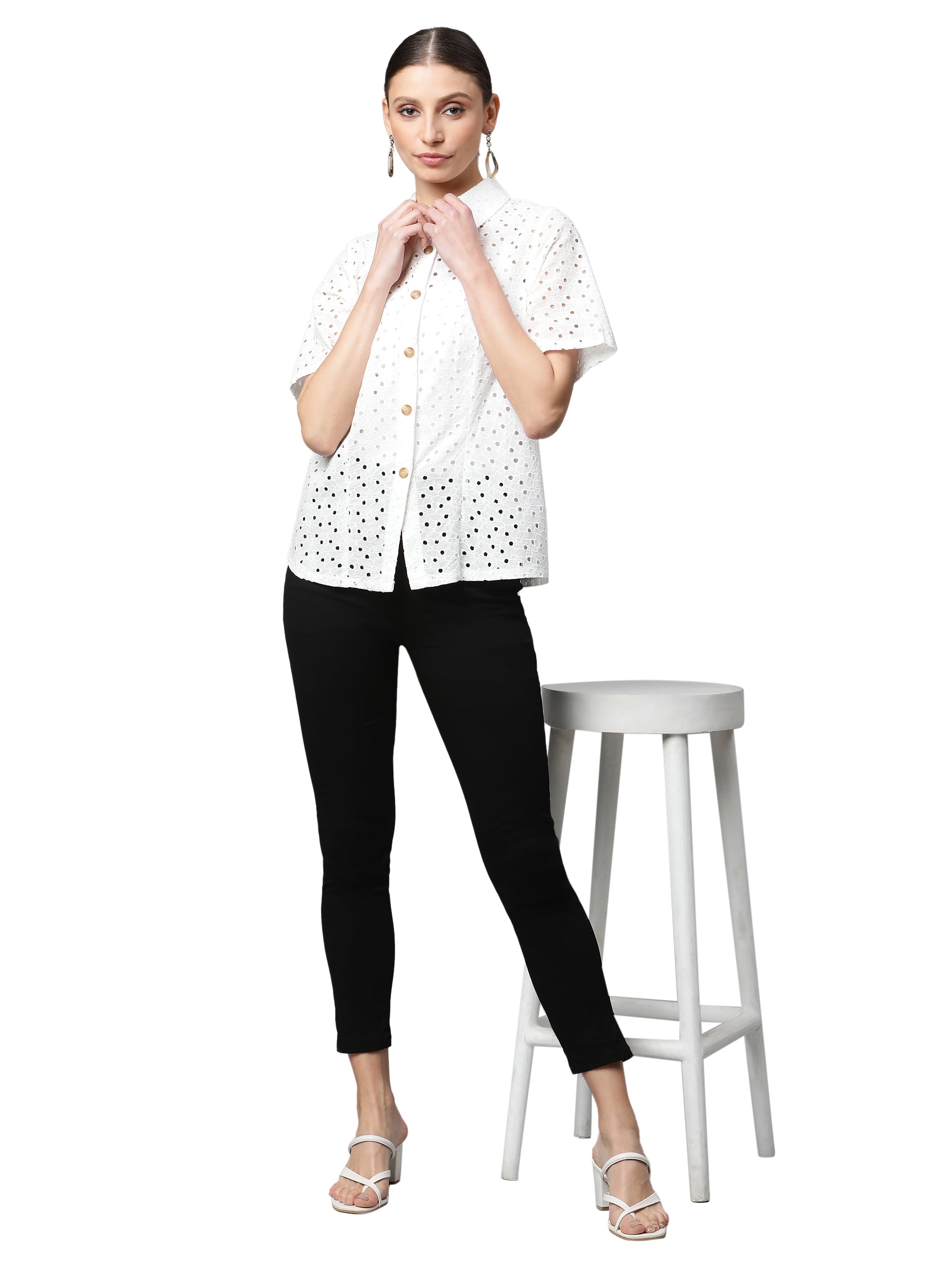 White Schiffli Embroidered Relaxed Shirt - Global Republic