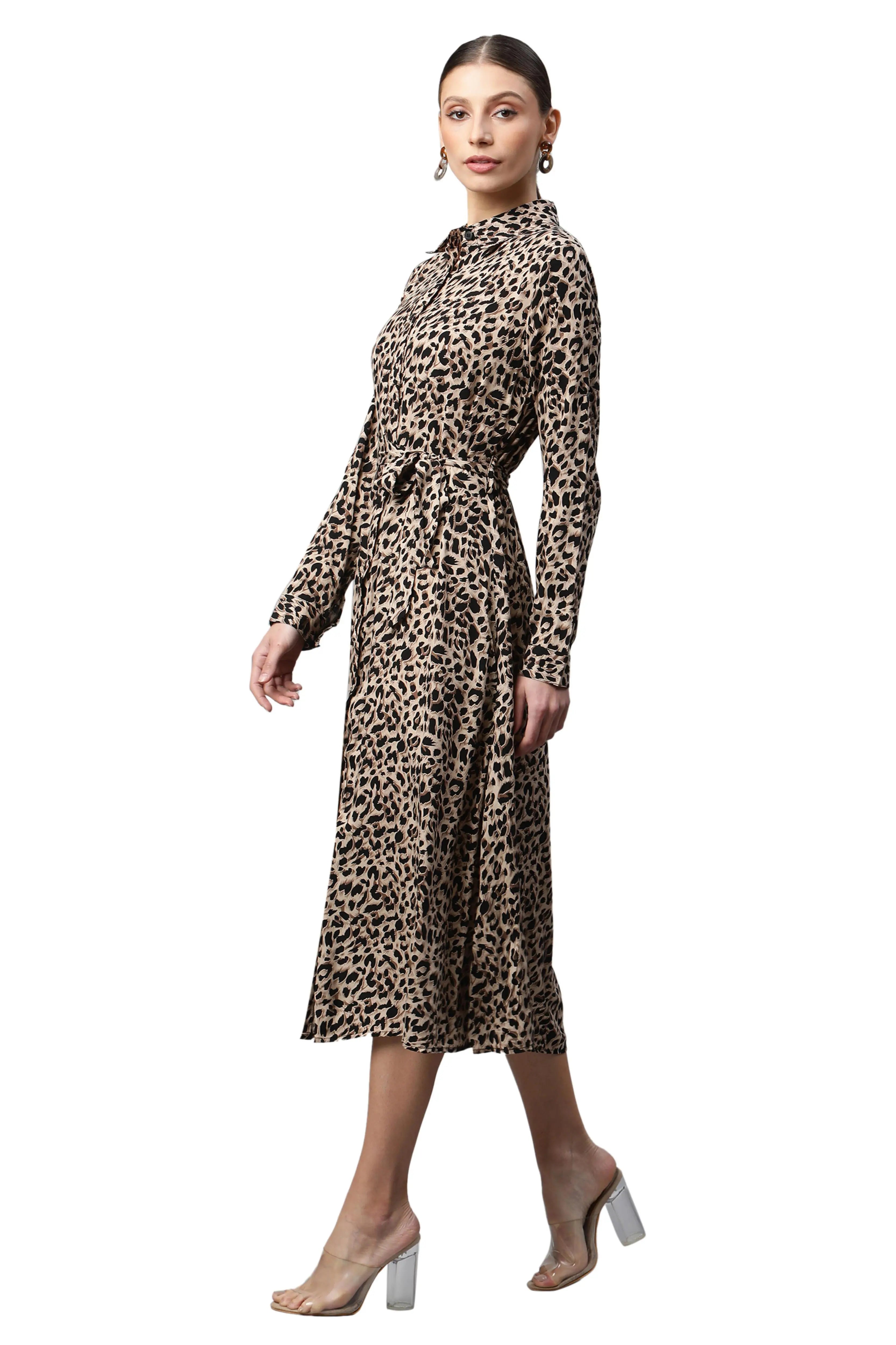 Women Brown Collar Neck Printed Shirt Dress - Global Republic