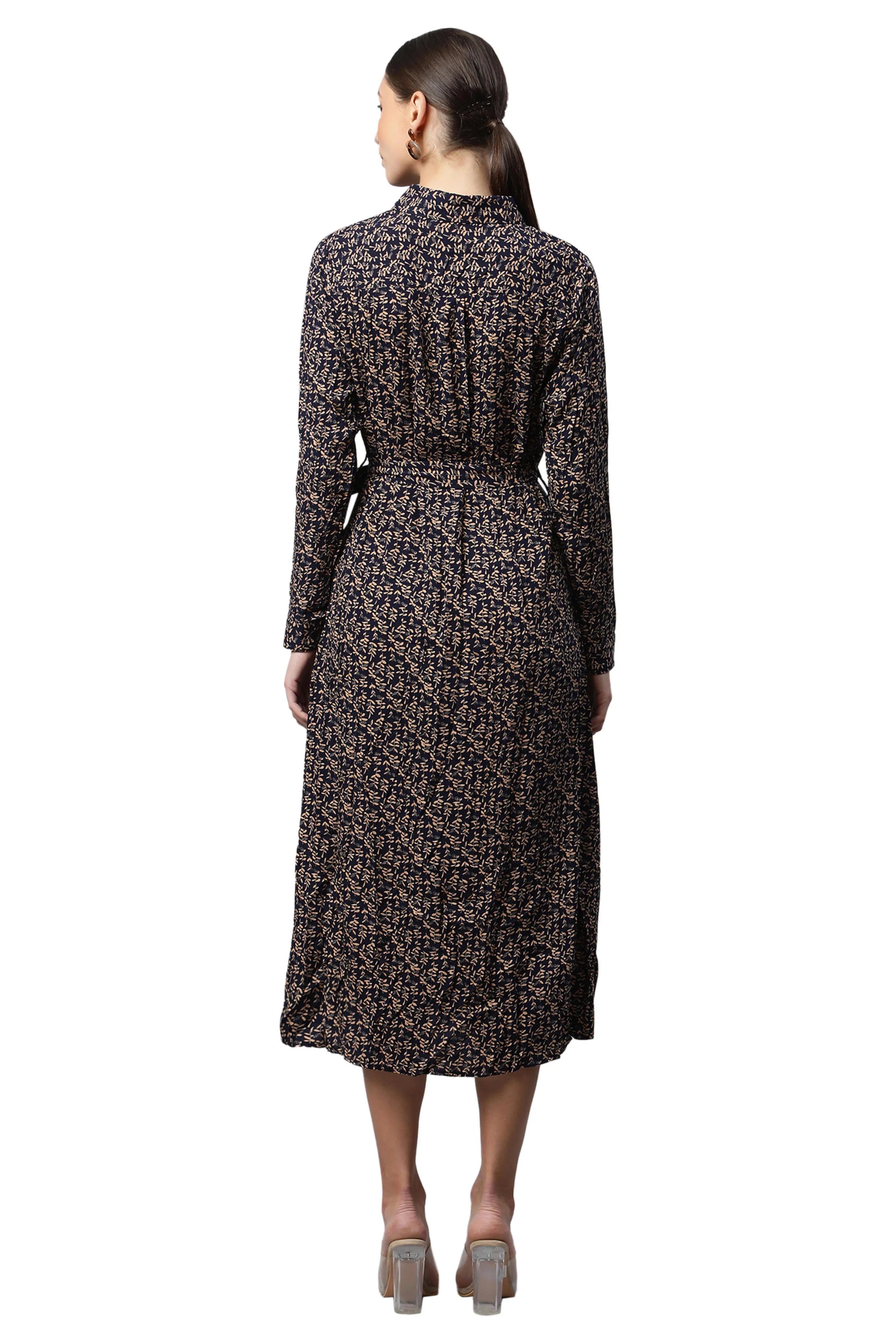 Women Navy Blue Collar Neck Printed Shirt Dress - Global Republic