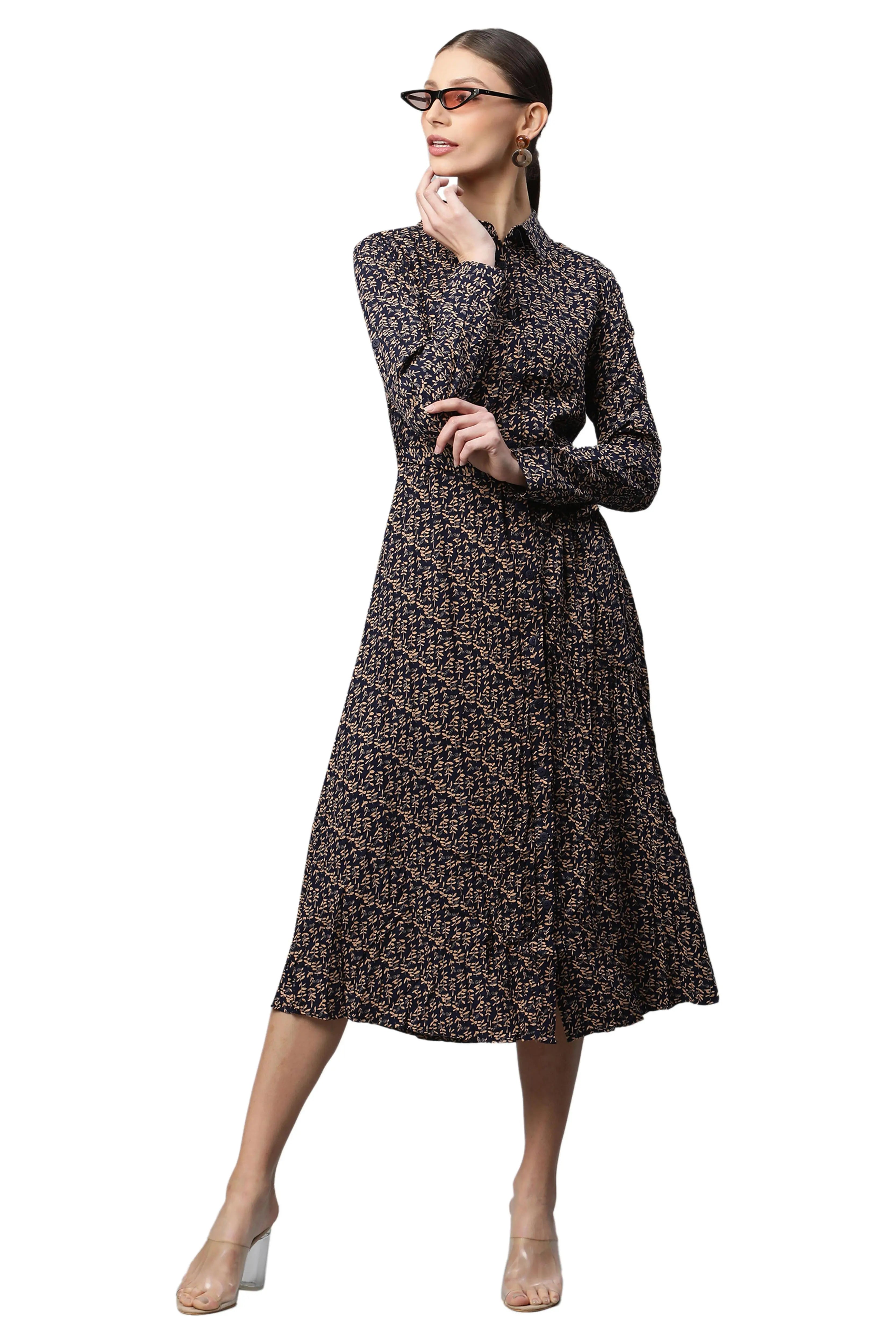 Women Navy Blue Collar Neck Printed Shirt Dress - Global Republic