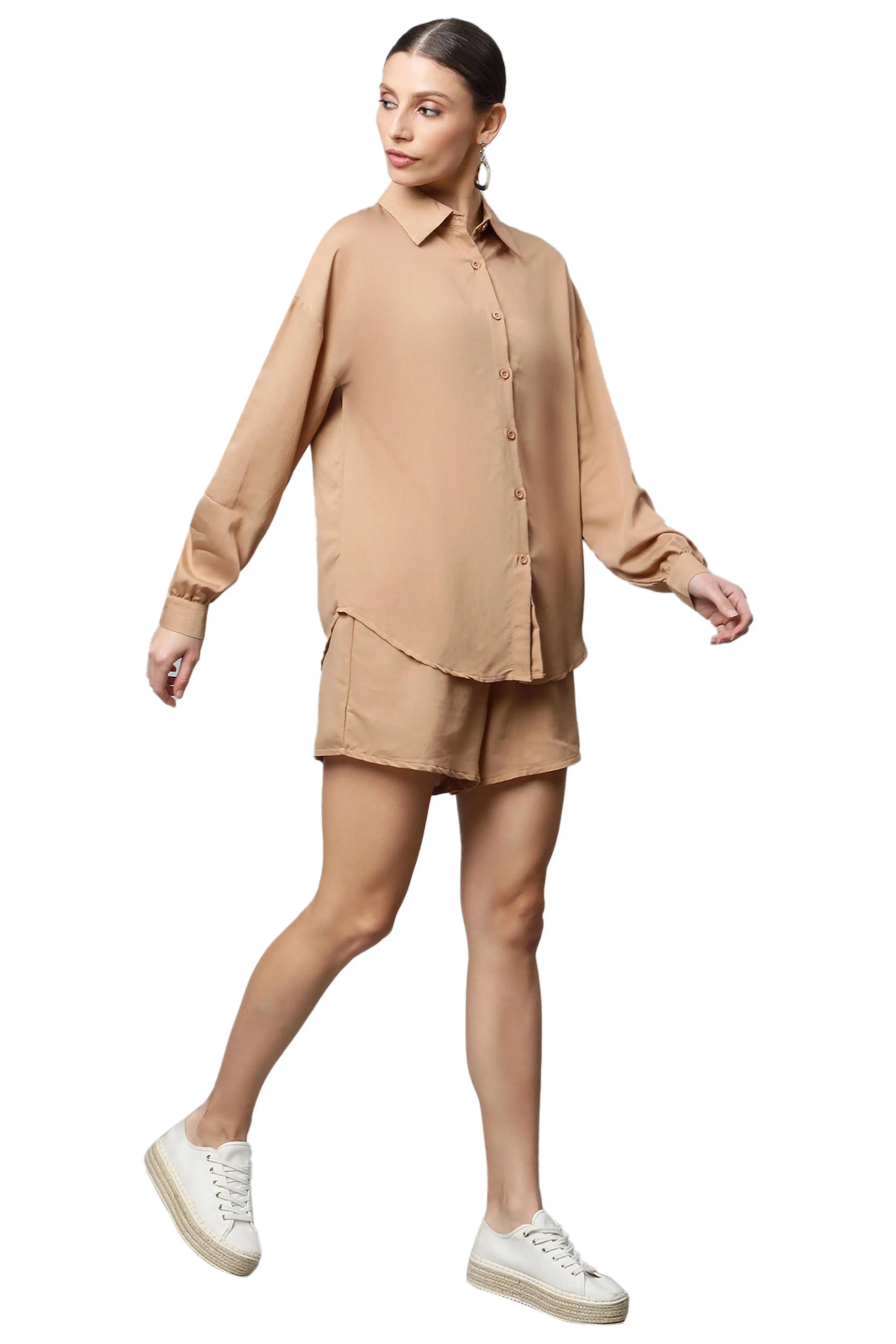 Beige Solid Cotton Co-ord Set - Global Republic