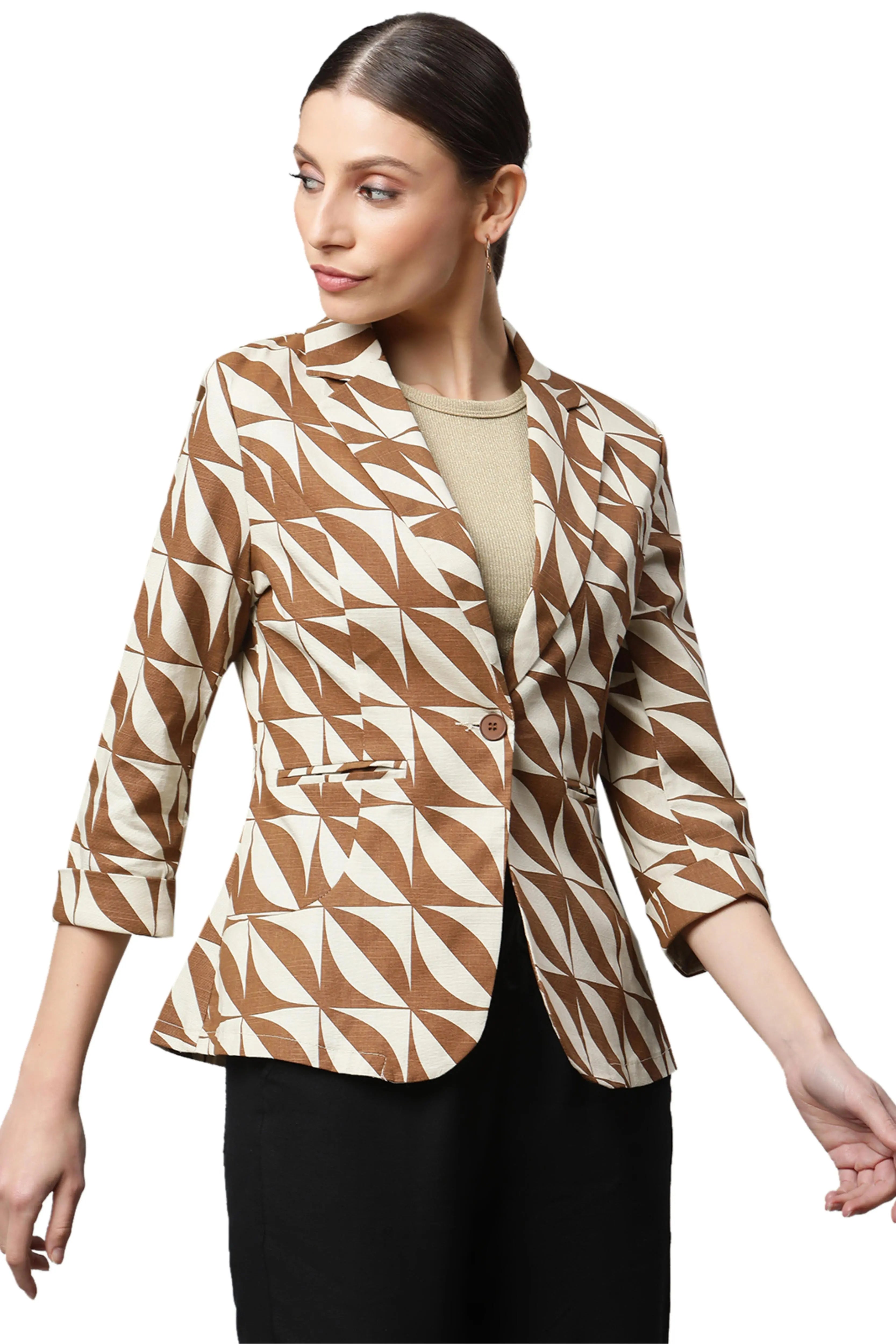 Mud Brown Casual Diagonal White Lines Slim Fit Blazer - Global Republic
