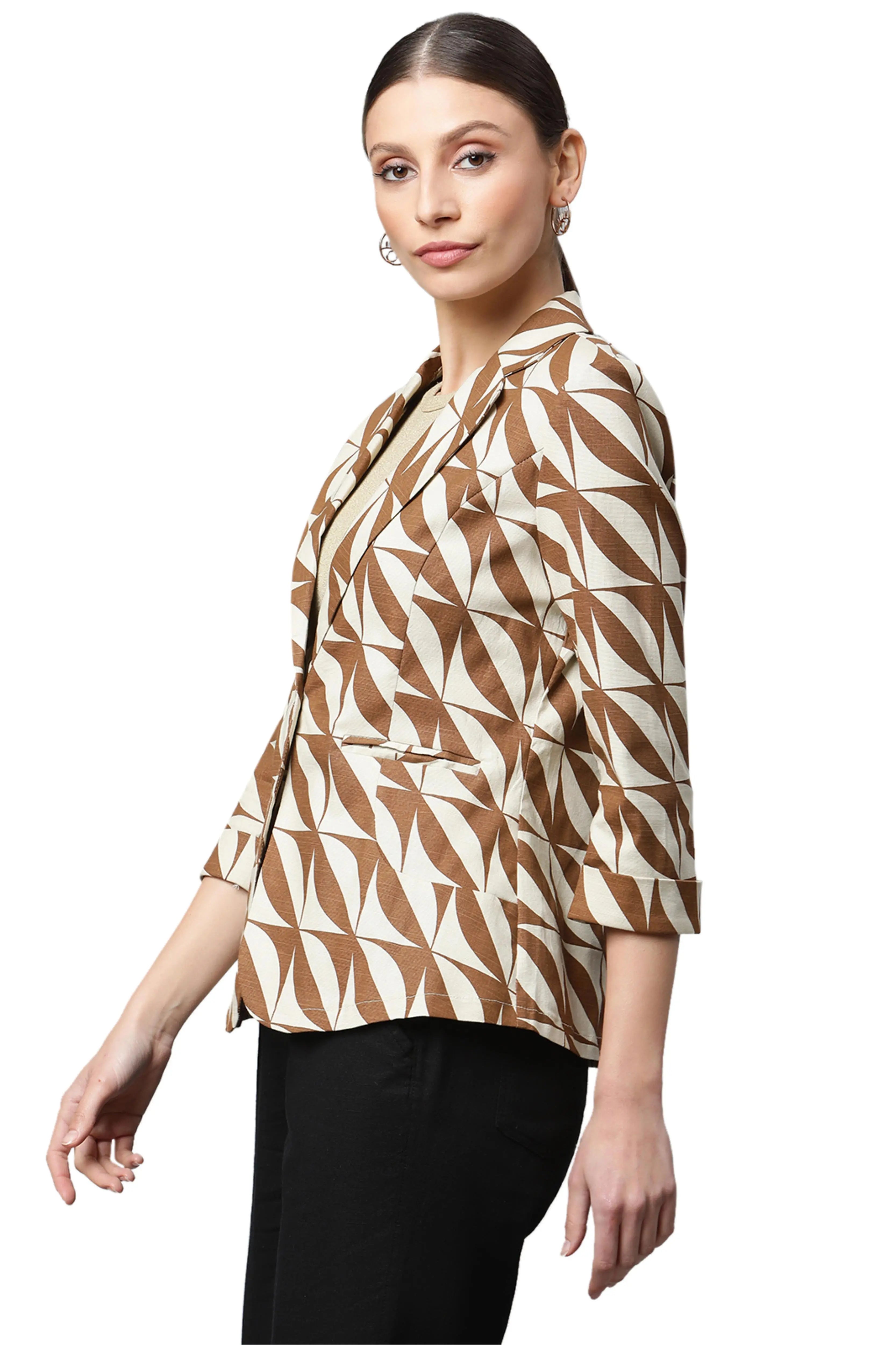 Mud Brown Casual Diagonal White Lines Slim Fit Blazer - Global Republic