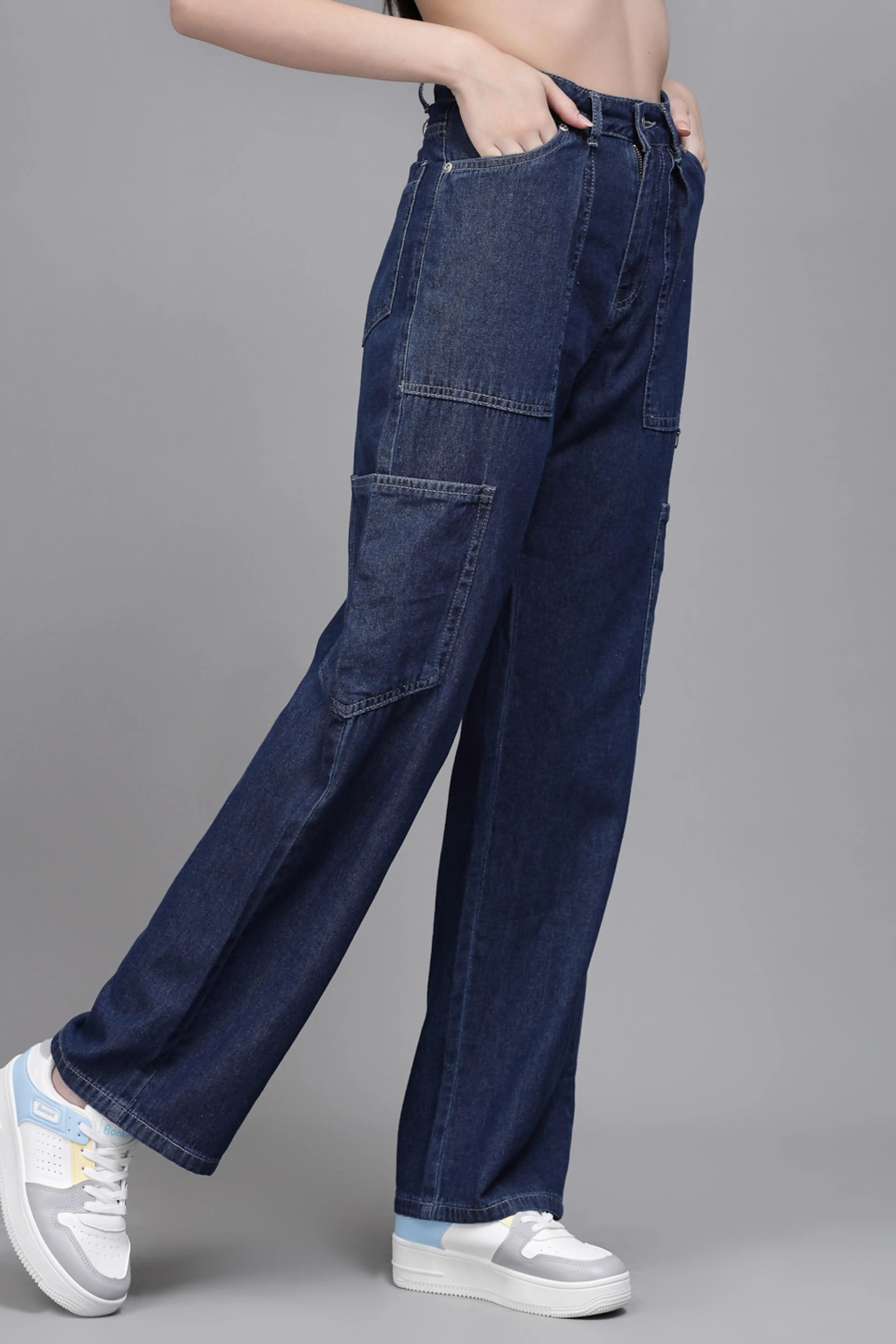 Women Straight Fit Wide Leg Blue Stretchable Jeans - Global Republic