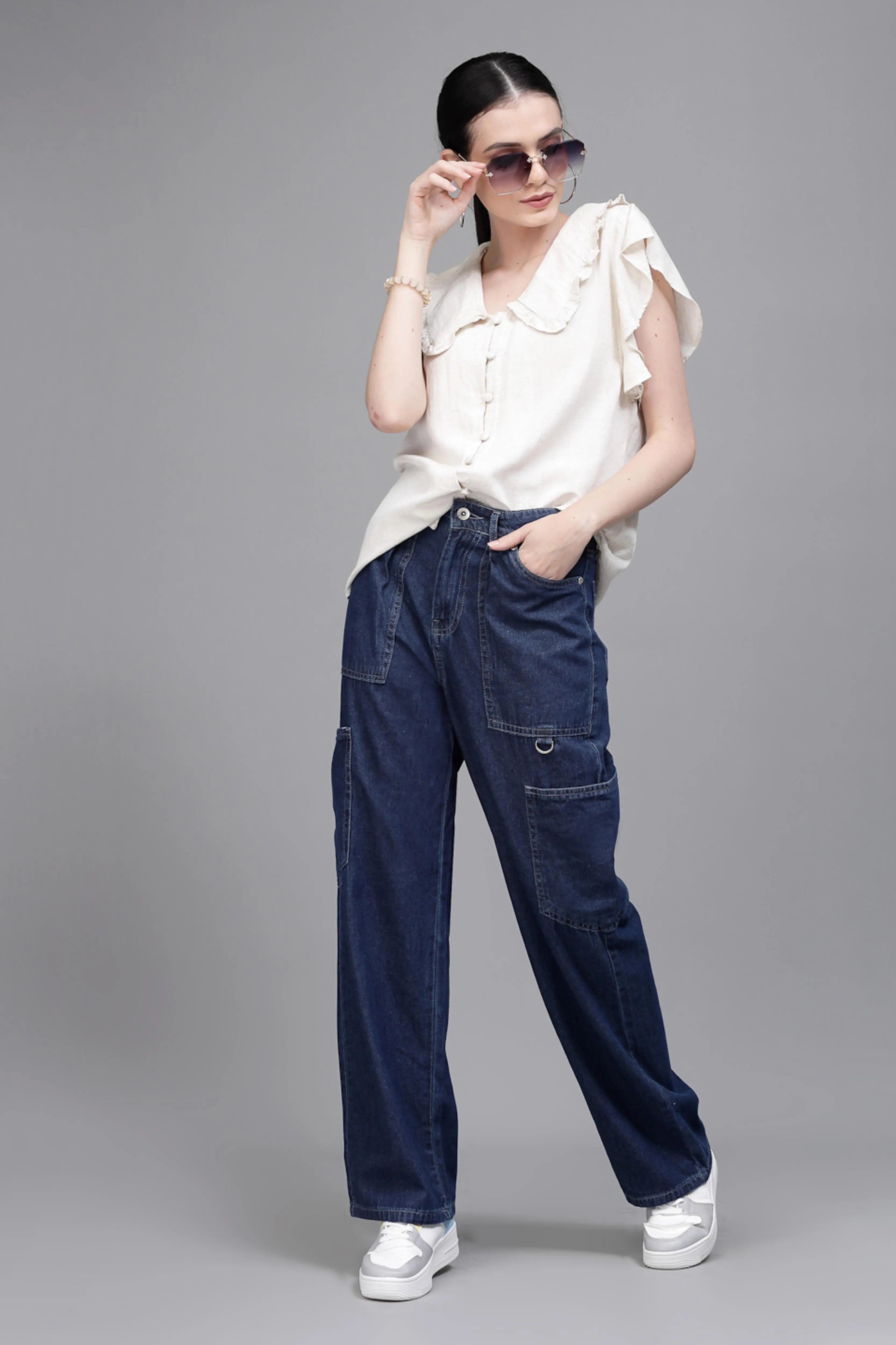 Women Straight Fit Wide Leg Blue Stretchable Jeans - Global Republic