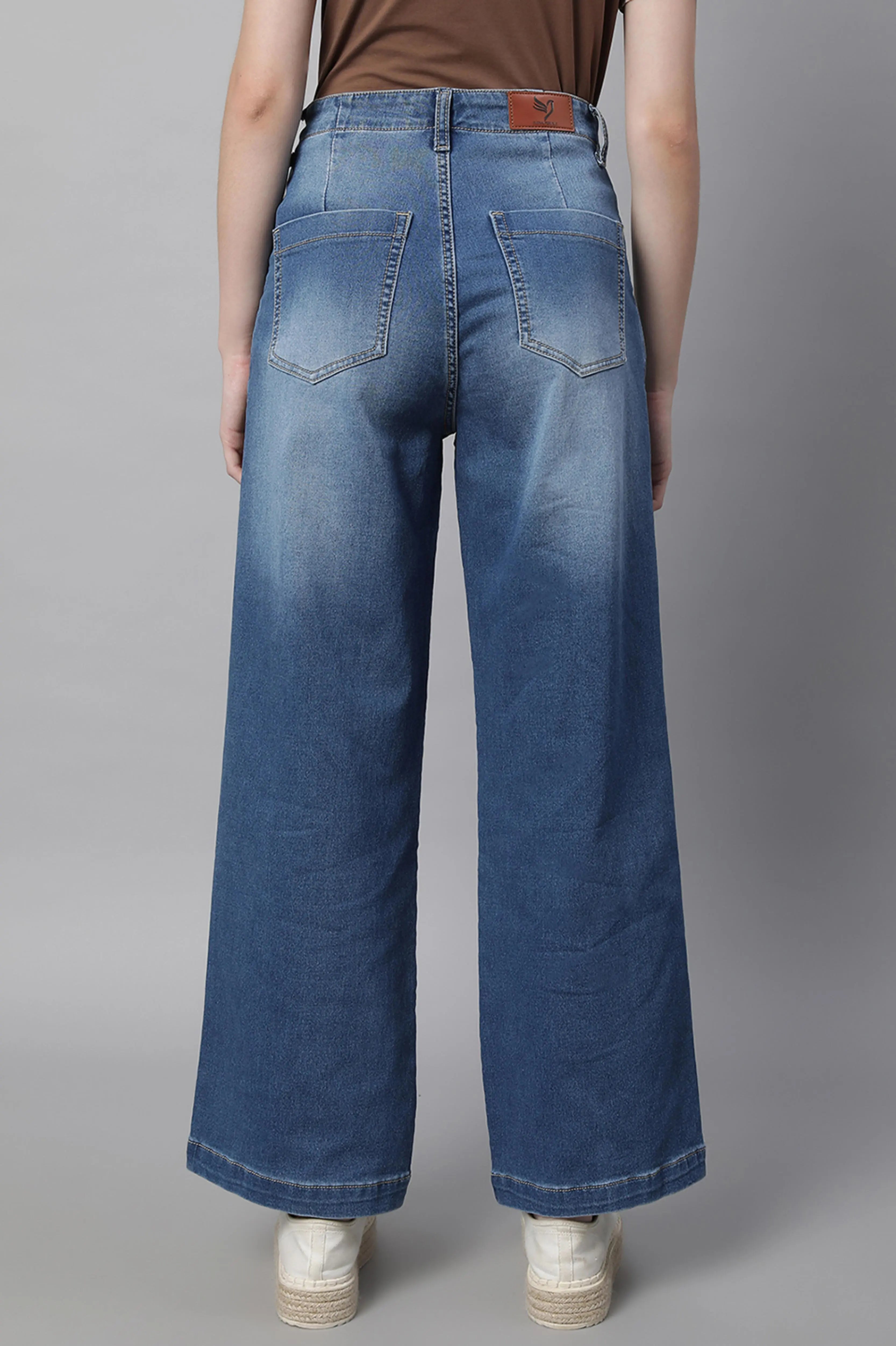 Women Light Blue Loose Fit Wide Leg Stretchable Jeans - Global Republic