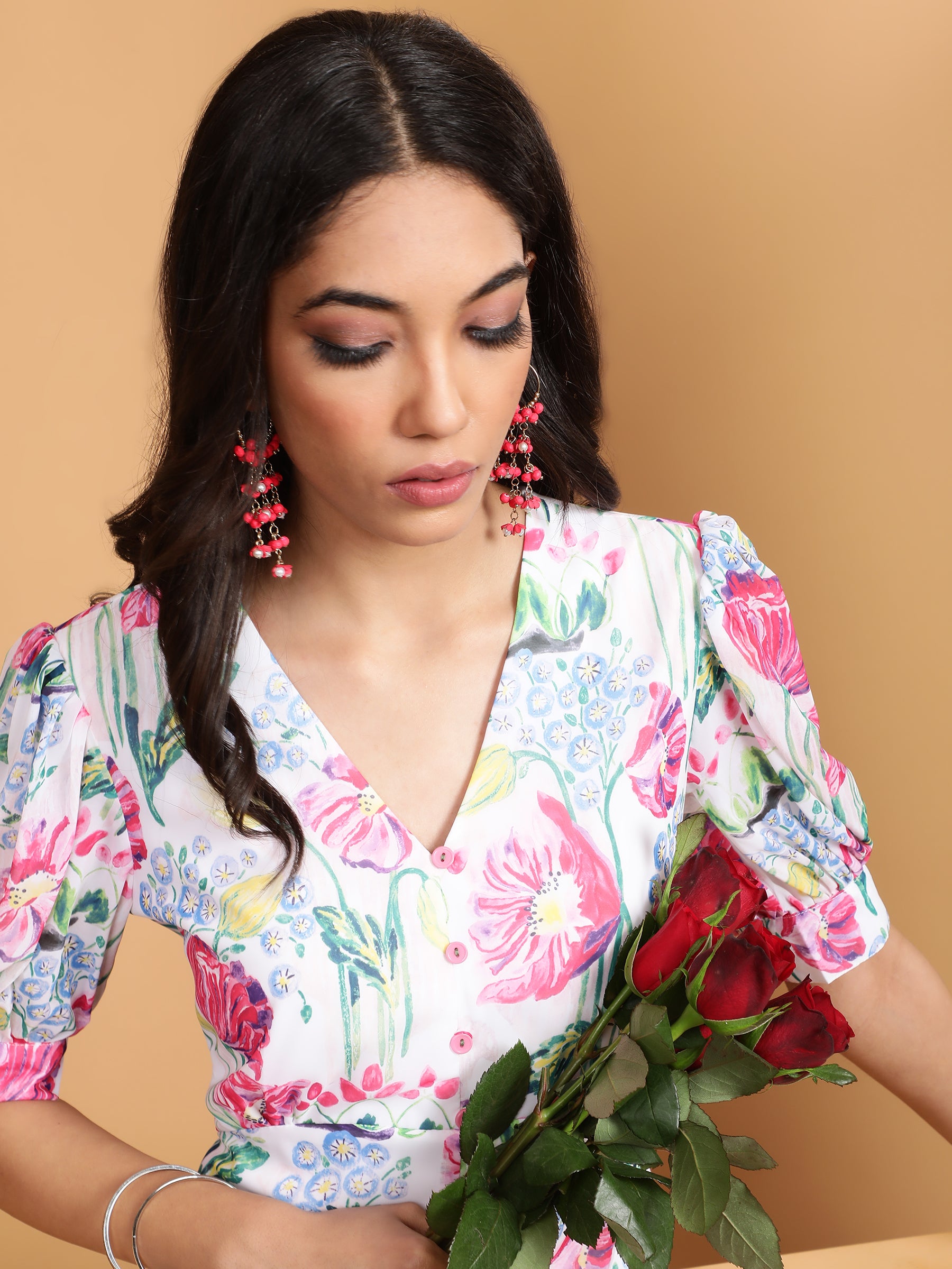 Women Pink V-Neck Printed Dress - Global Republic