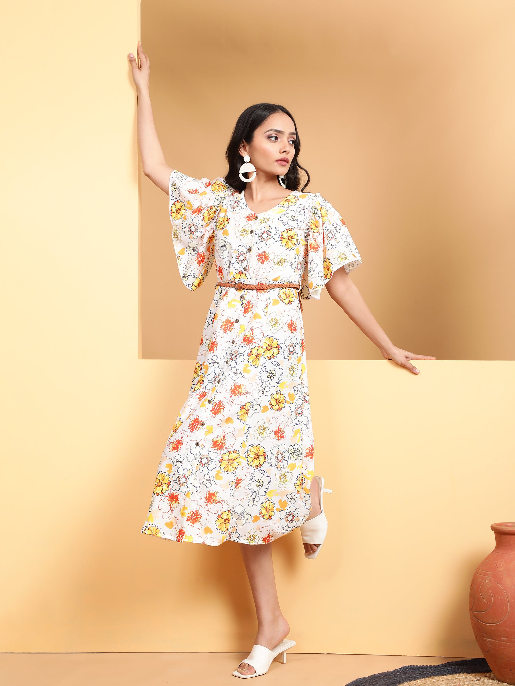 Yellow Floral Rayon Dress - Global Republic