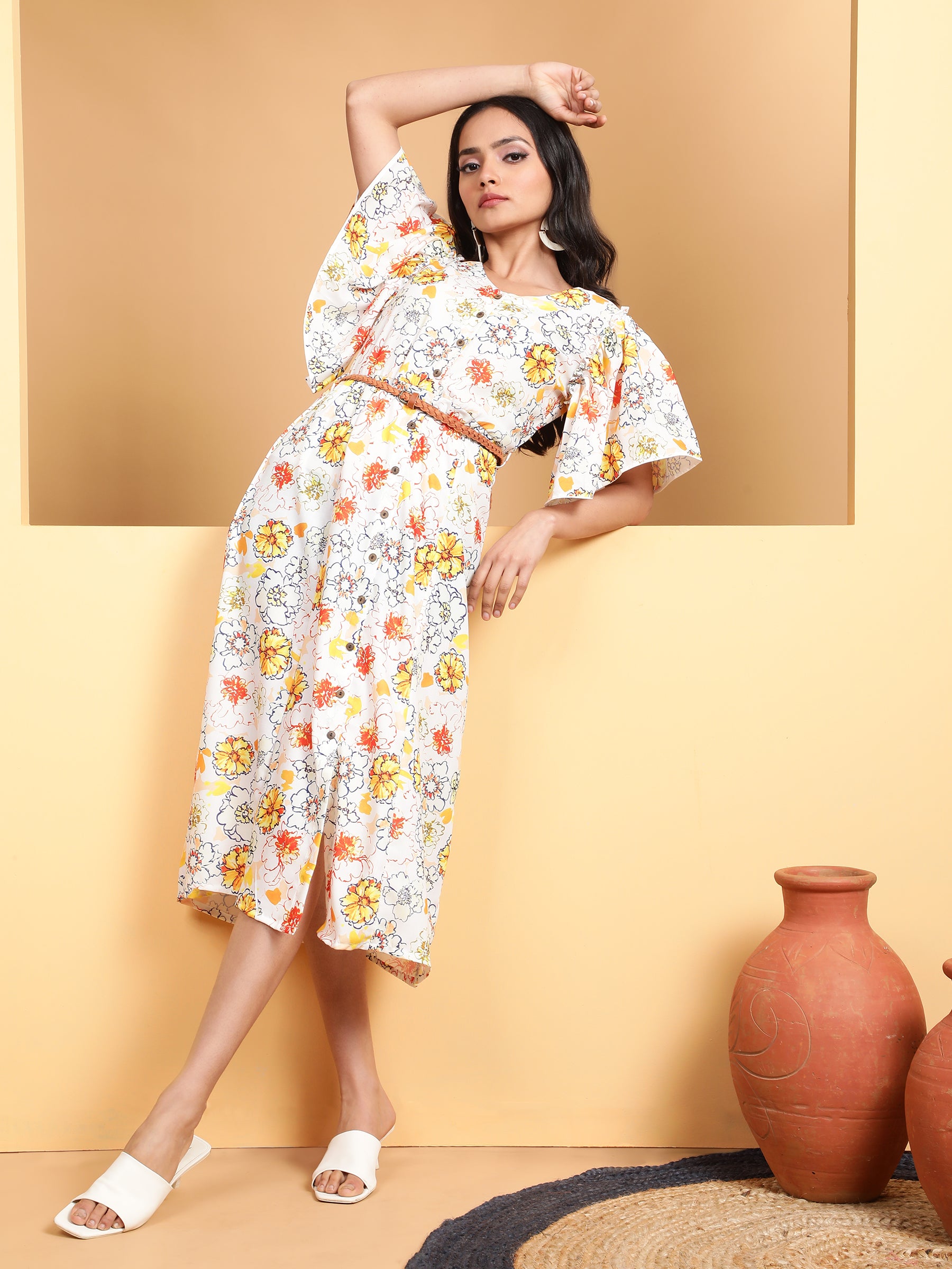 Yellow Floral Rayon Dress - Global Republic