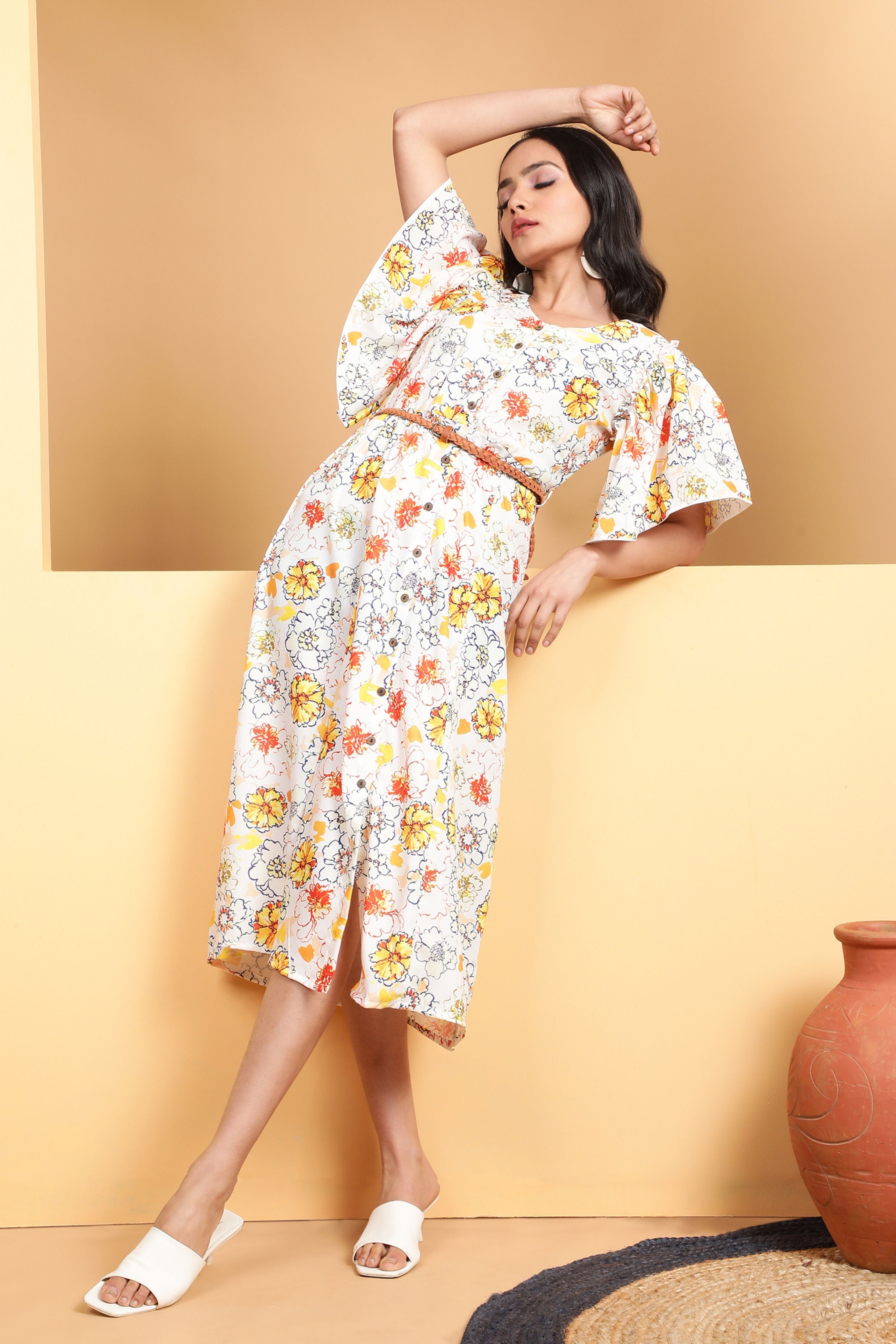 Yellow Floral Rayon Dress