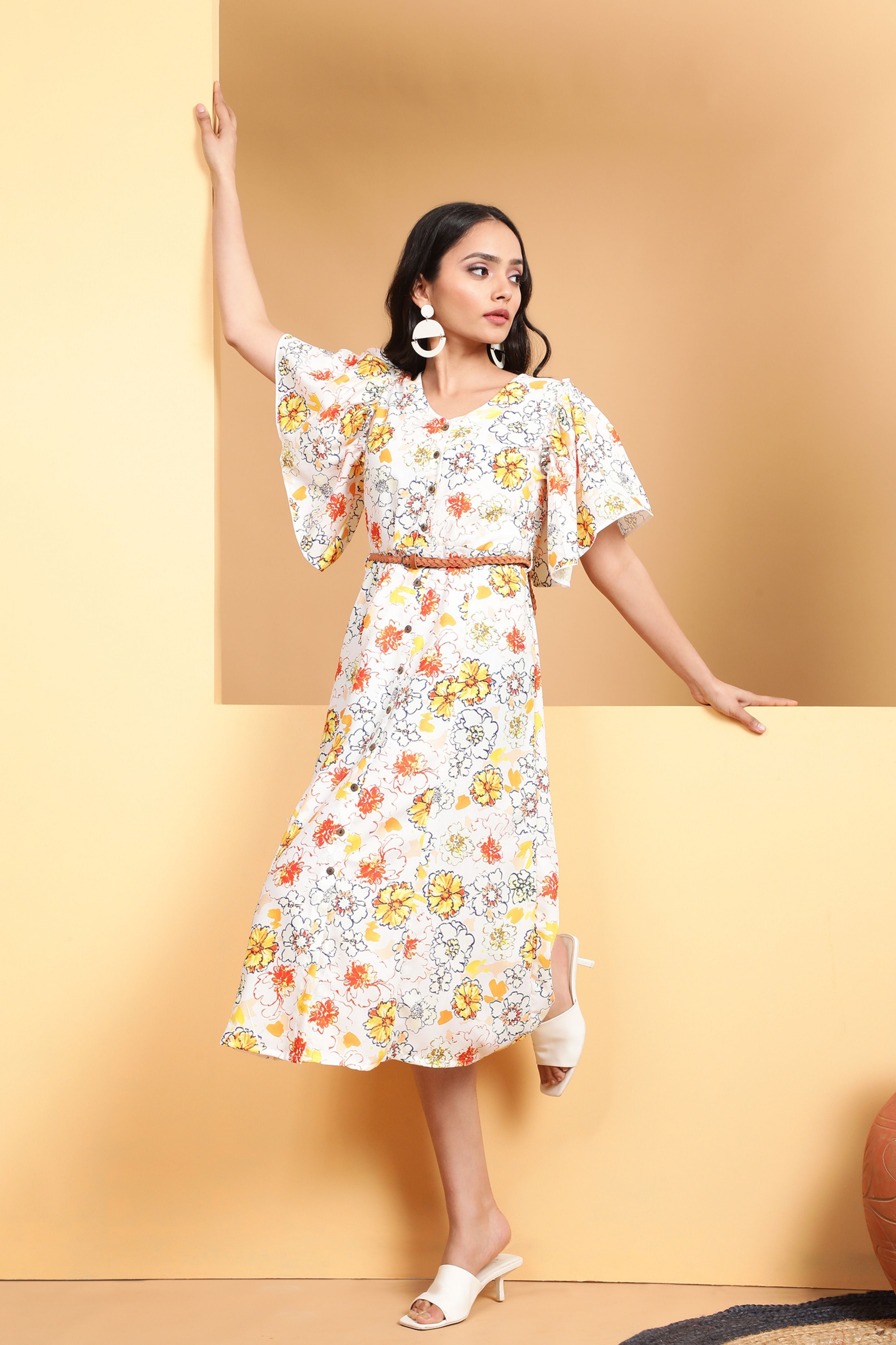 Yellow Floral Rayon Dress