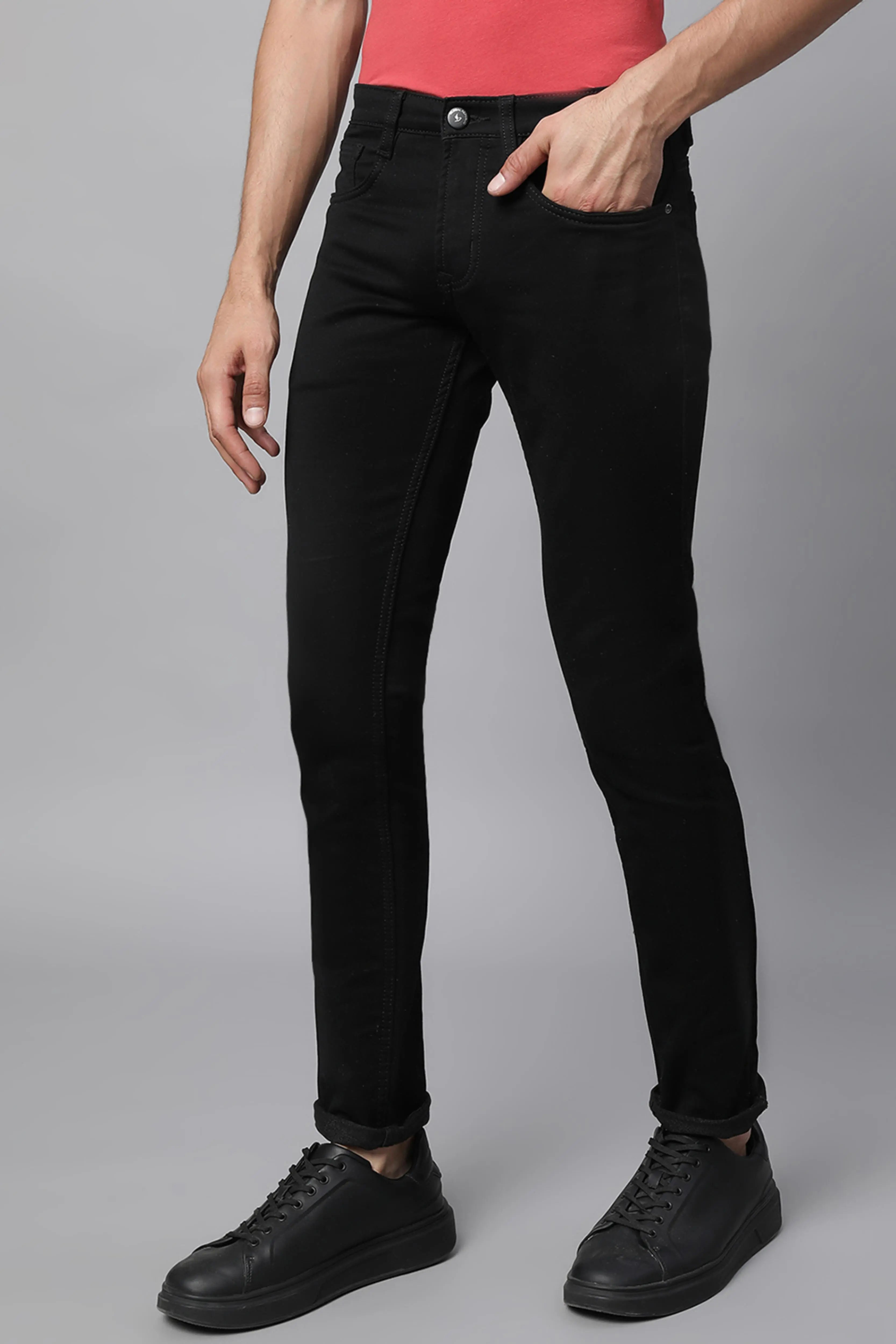Black Cotton Blend Solid Jeans - Global Republic