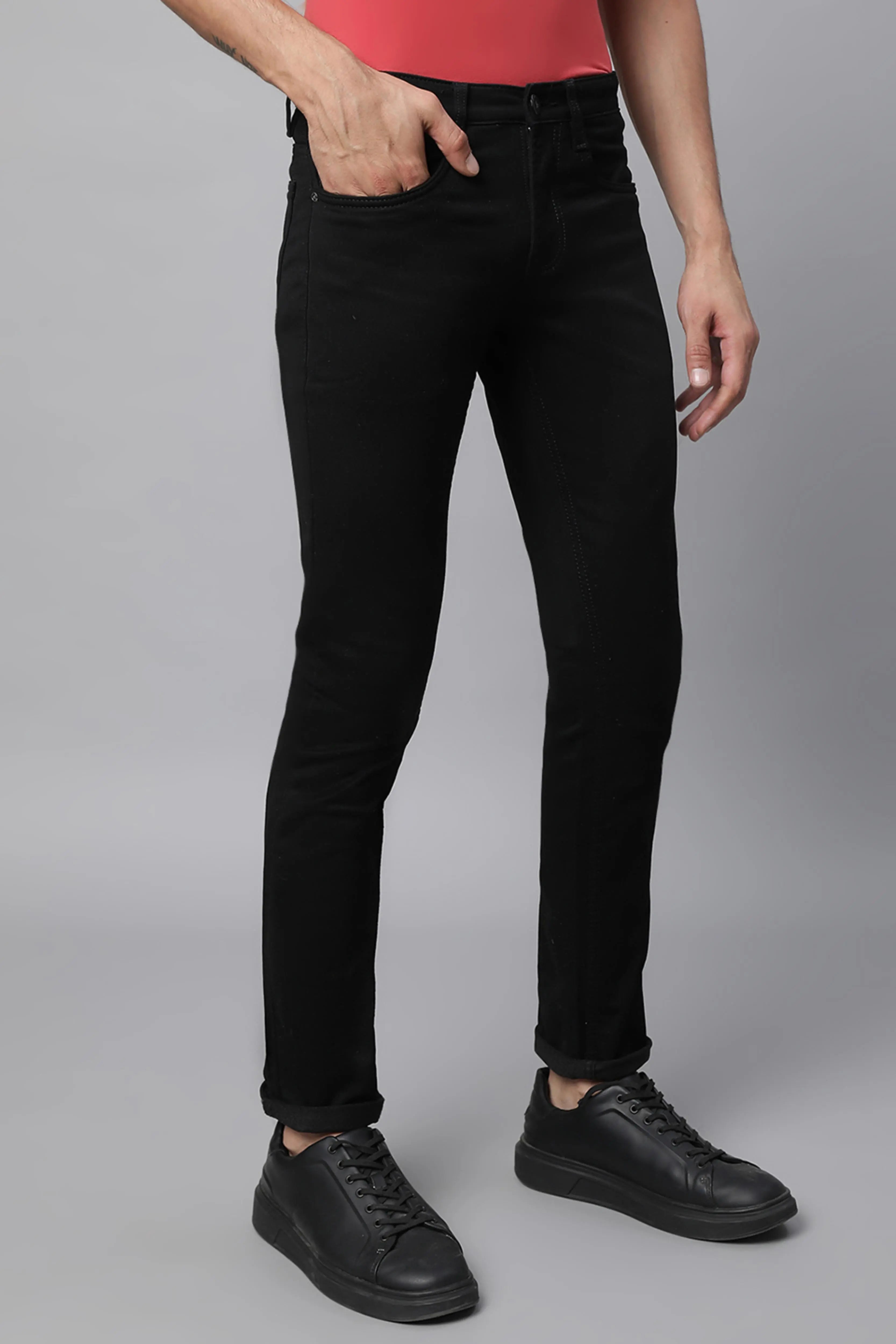 Black Cotton Blend Solid Jeans - Global Republic
