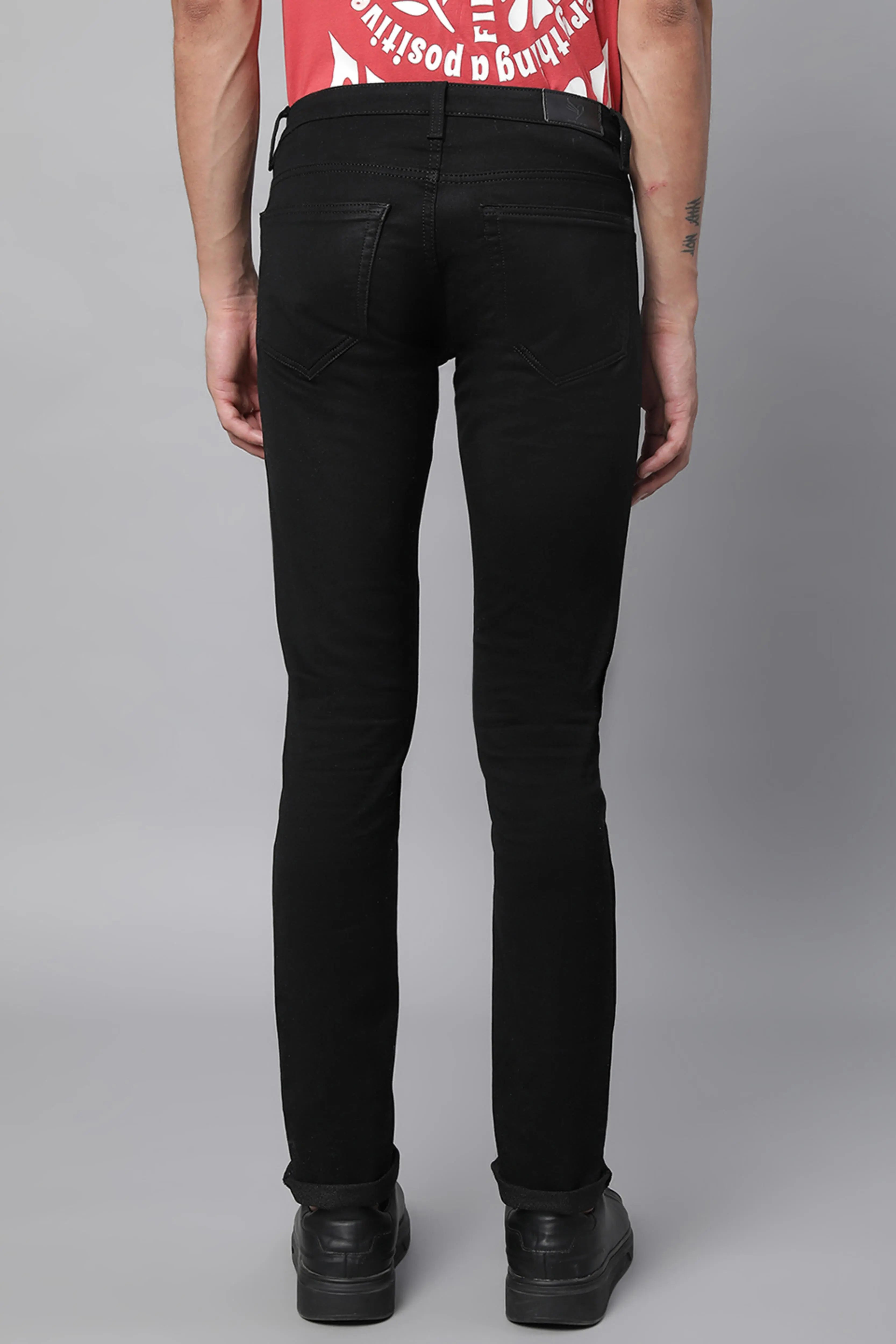 Black Cotton Blend Solid Jeans - Global Republic