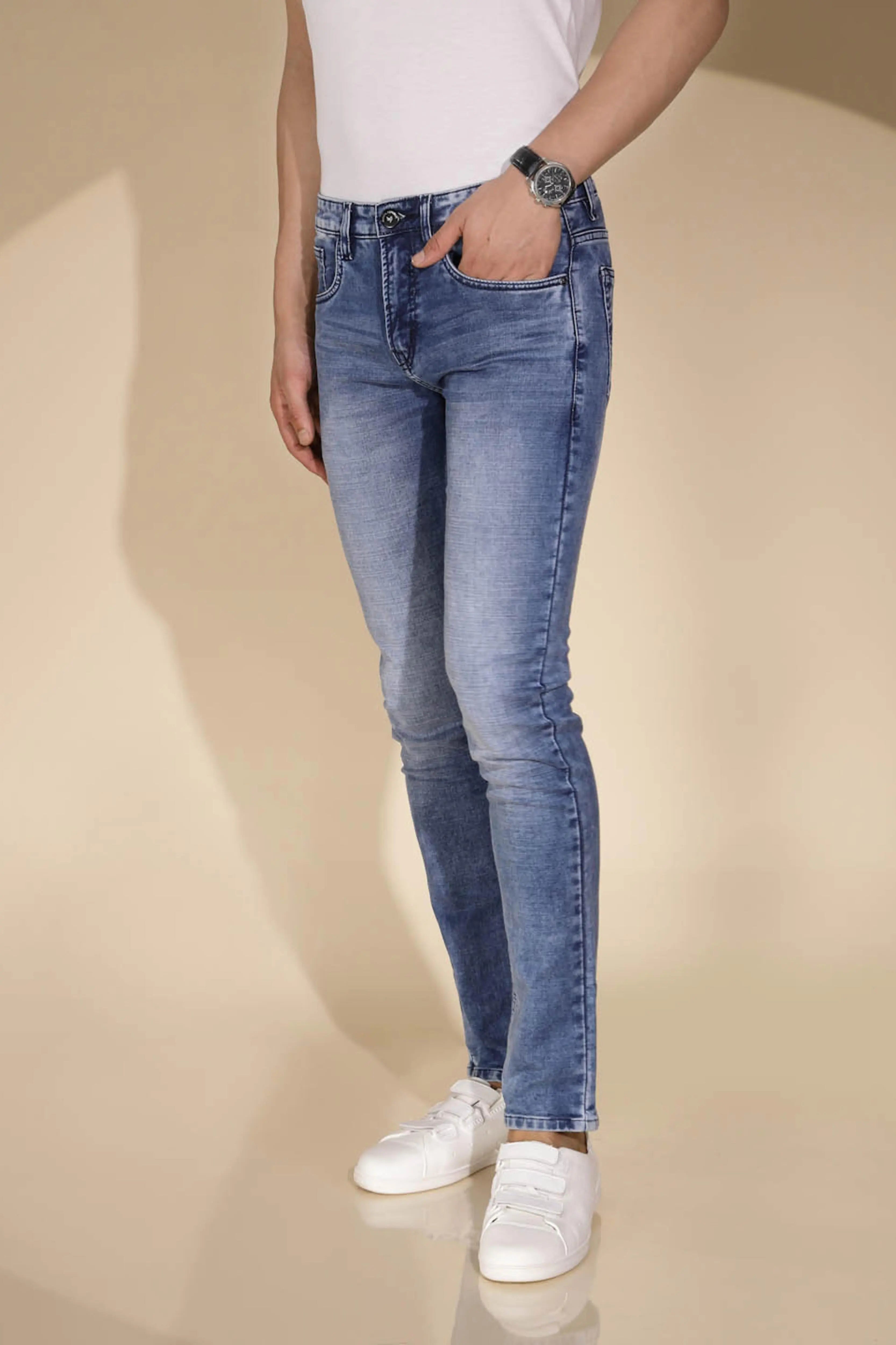 Mens Blue Denim Solid Mid Rise Jeans - Global Republic