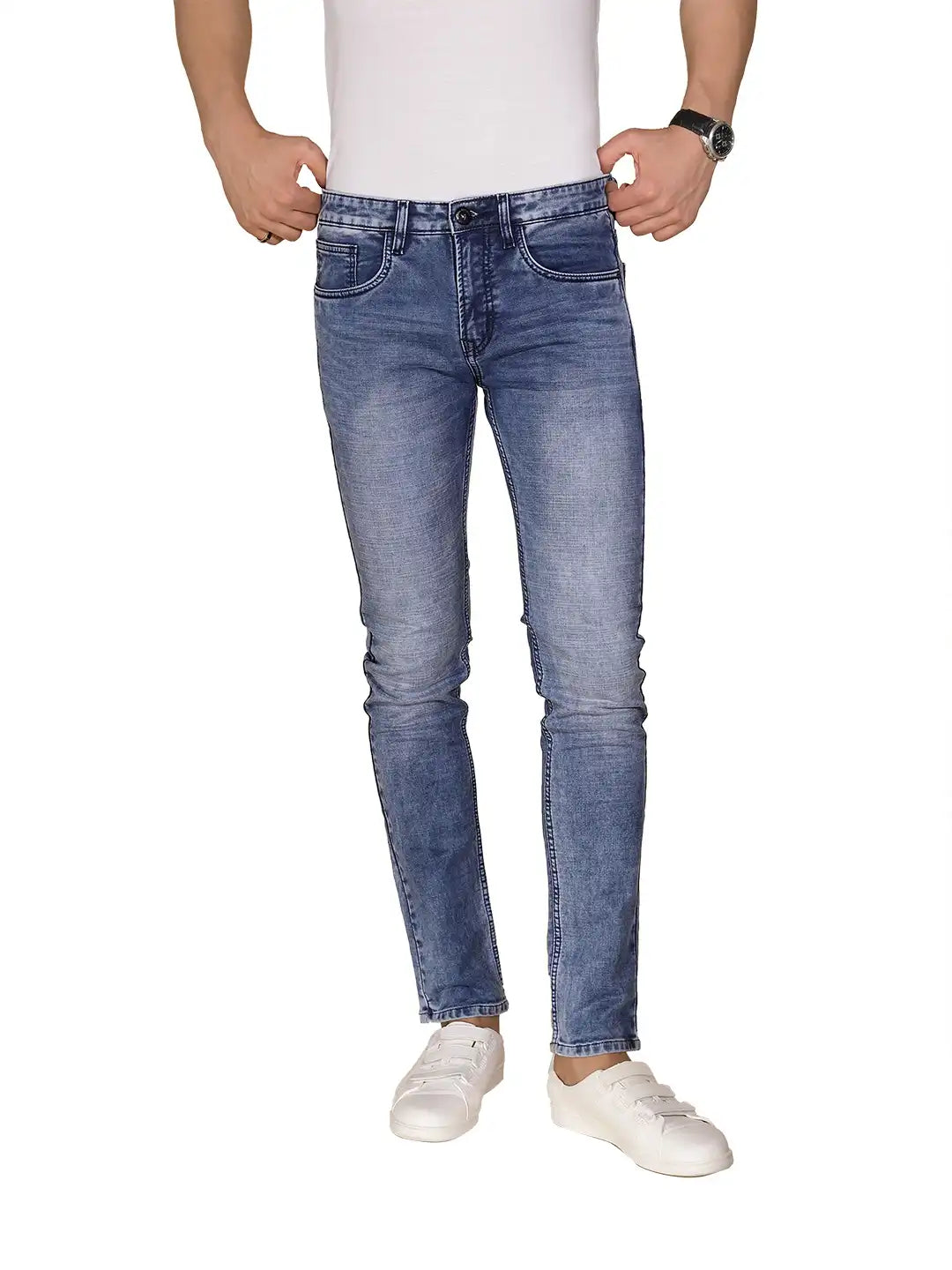 Mens Blue Denim Solid Mid Rise Jeans - Global Republic