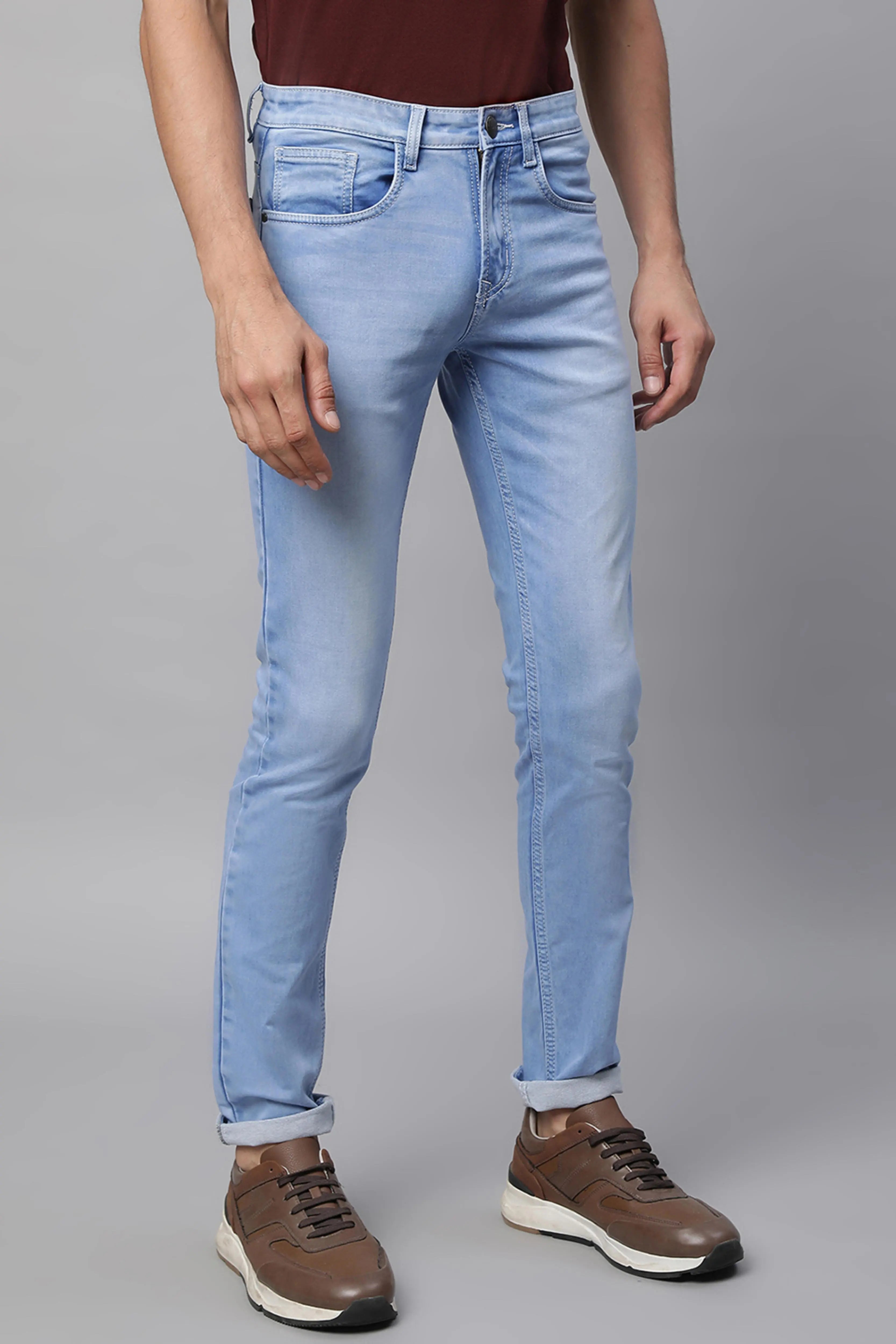 Mens Light Blue Cotton Blend Solid Mid Rise Slim Fit Jeans - Global Republic