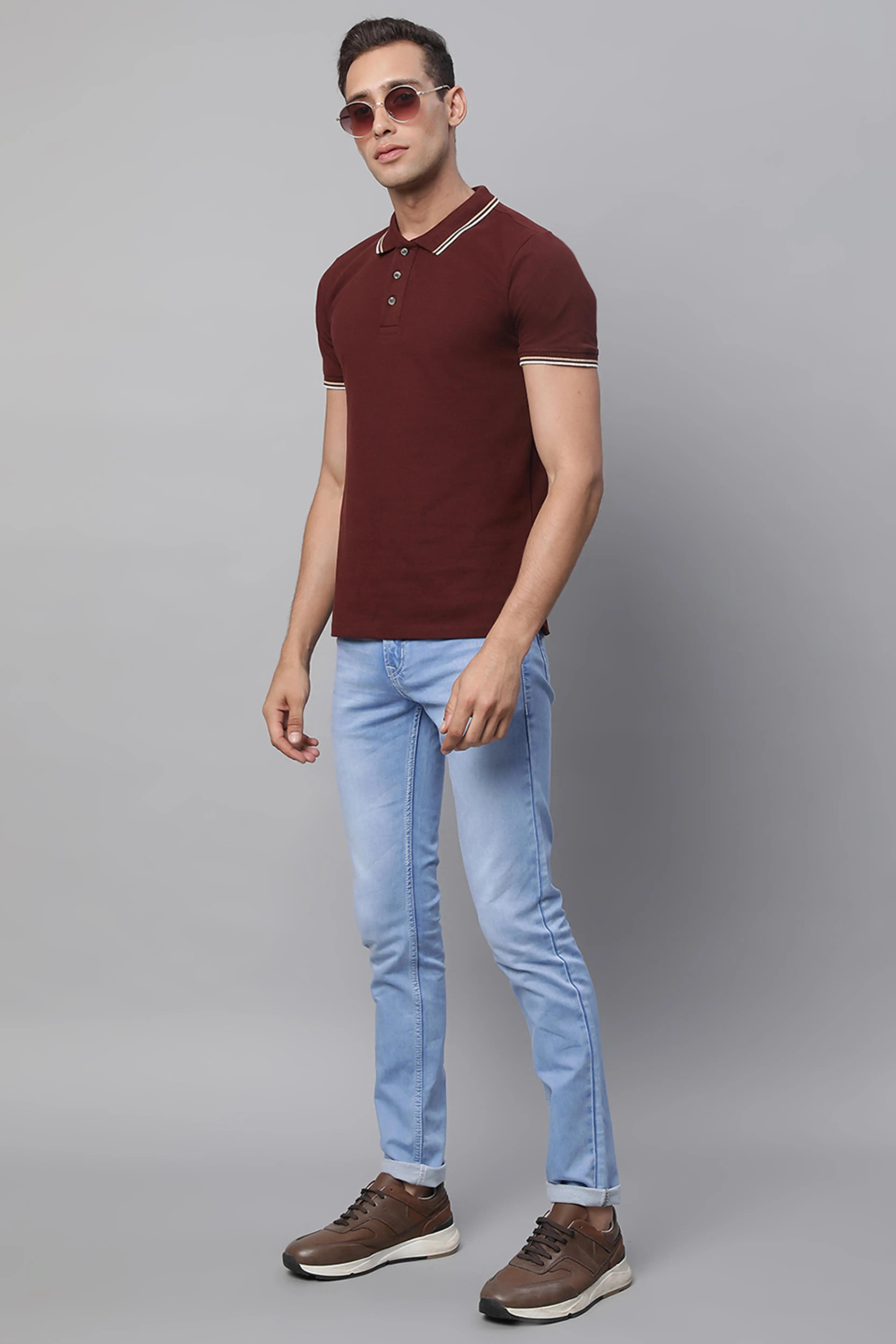 s Light Blue Cotton Blend Solid Mid Rise Slim Fit Jeans - Global Republic