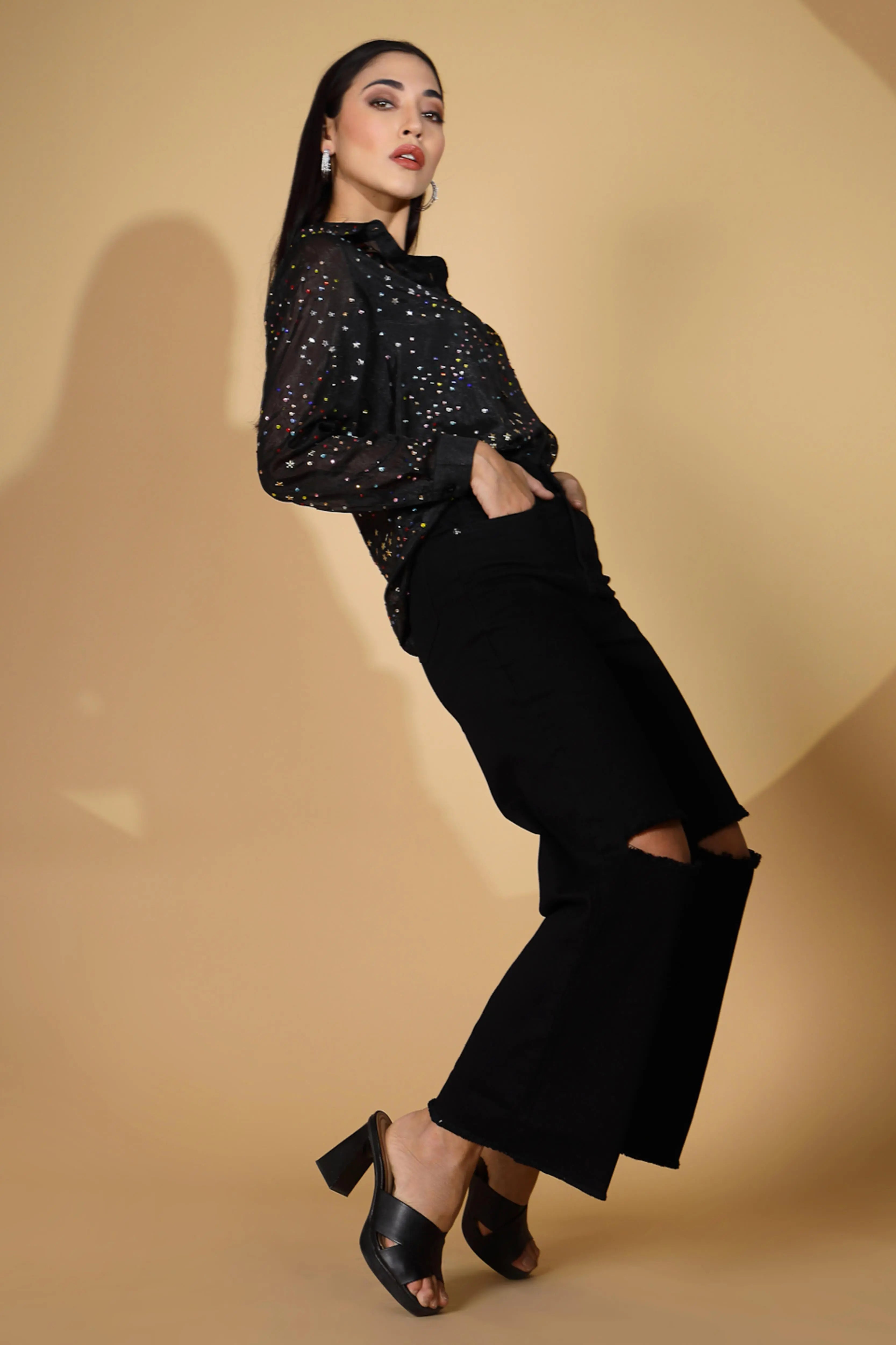 Jet Black Flared Distressed Jeans - Global Republic