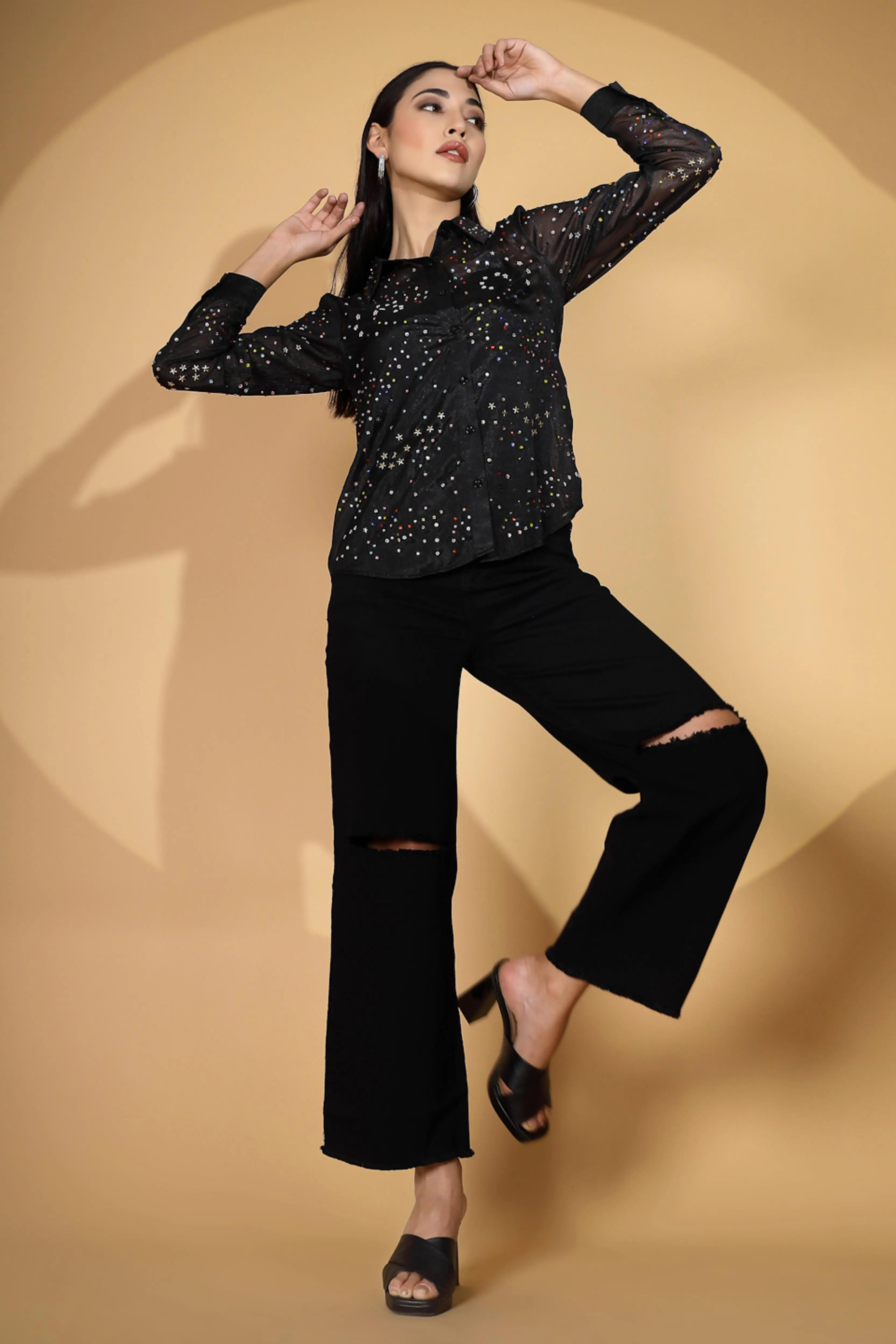 Jet Black Flared Distressed Jeans - Global Republic