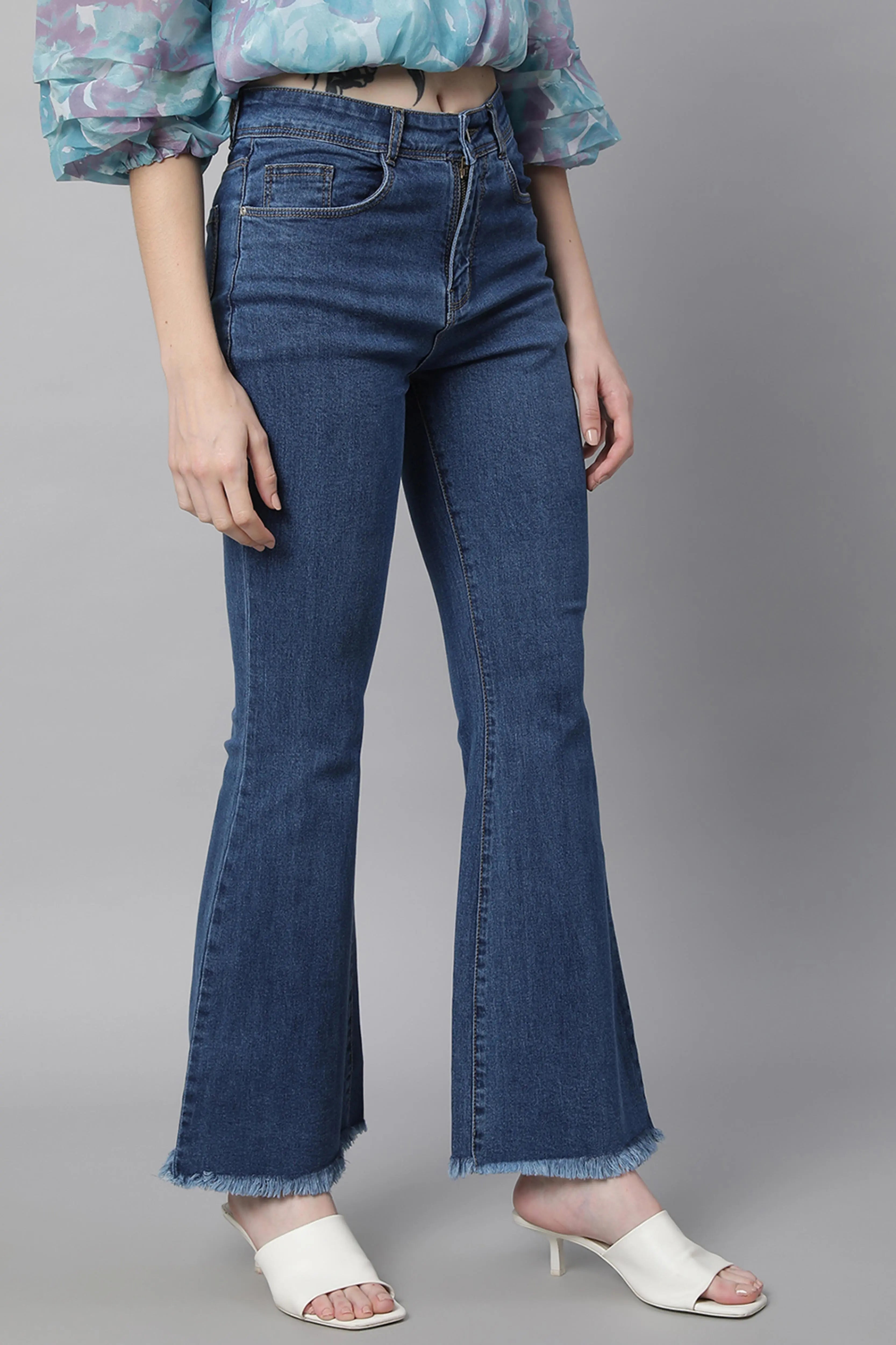 Women High Rise Slim Fit Bell Bottom Blue Jeans - Global Republic